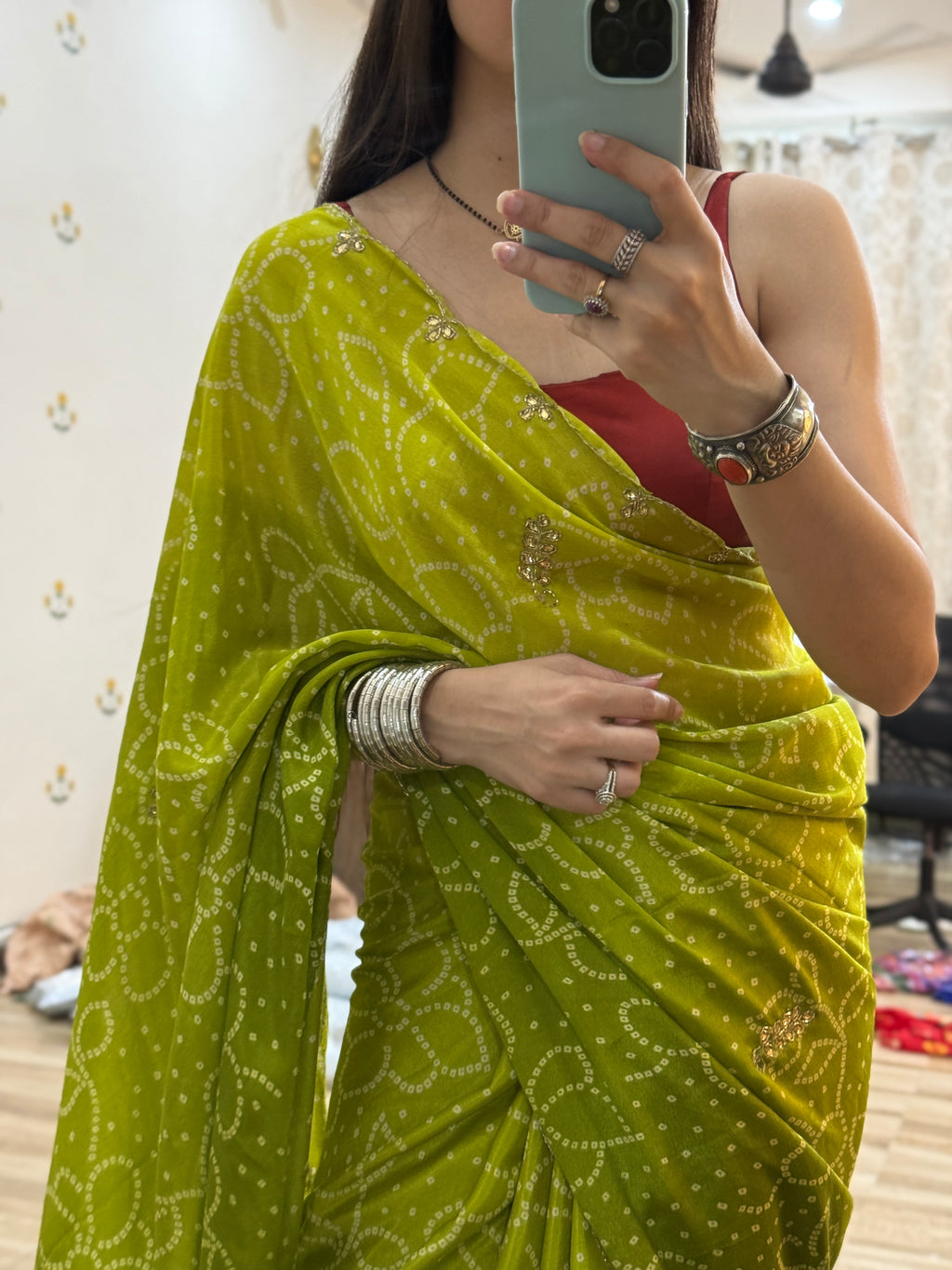 Green Pure Georgette Saree | Cutdana Handwork | With blouse