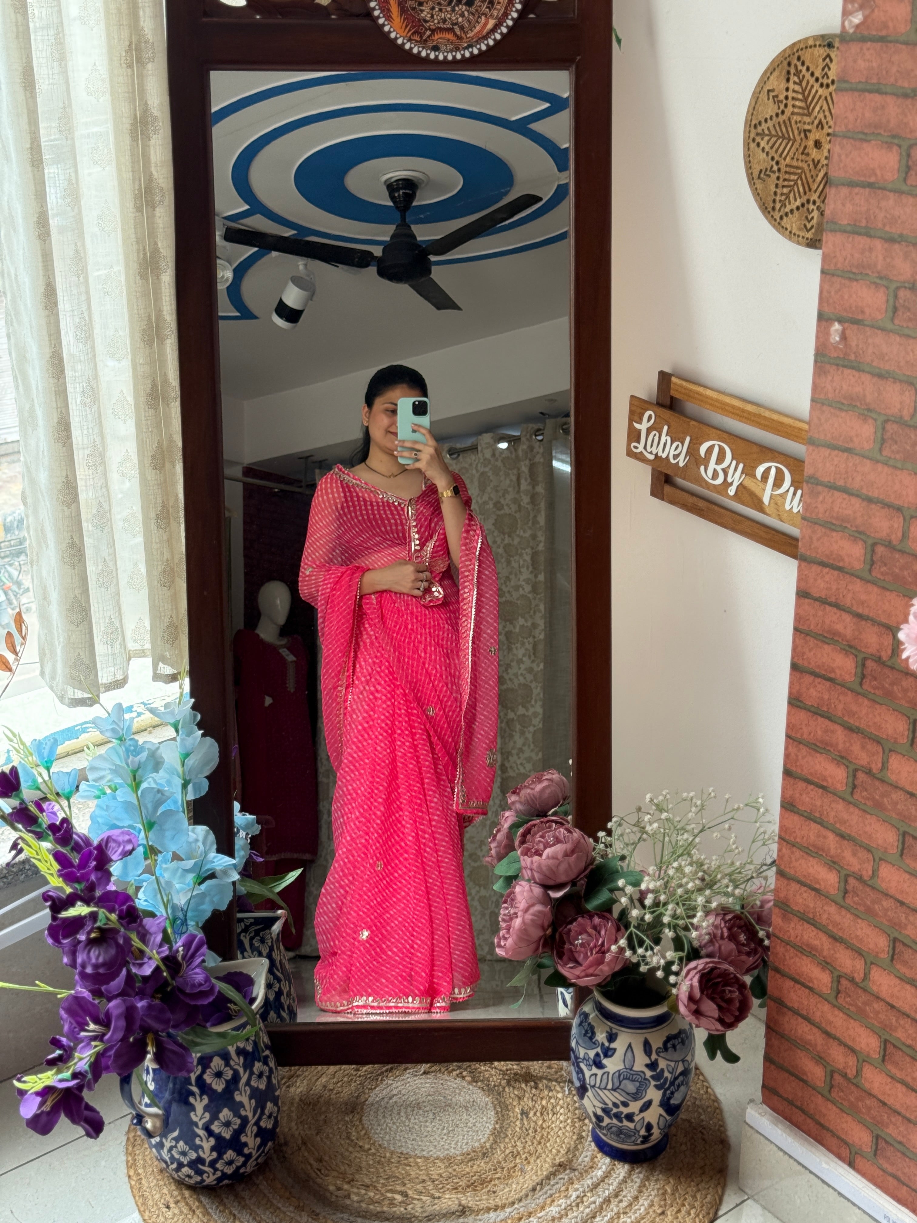 Peach Chiffon Leheriya Saree|  Handwork Gota patti work| With blouse