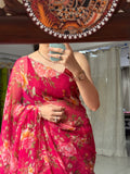 Crimson Pink Pure Georgette Handblock Digital Printed Saree| Handwork cutdana detailing| Without blouse