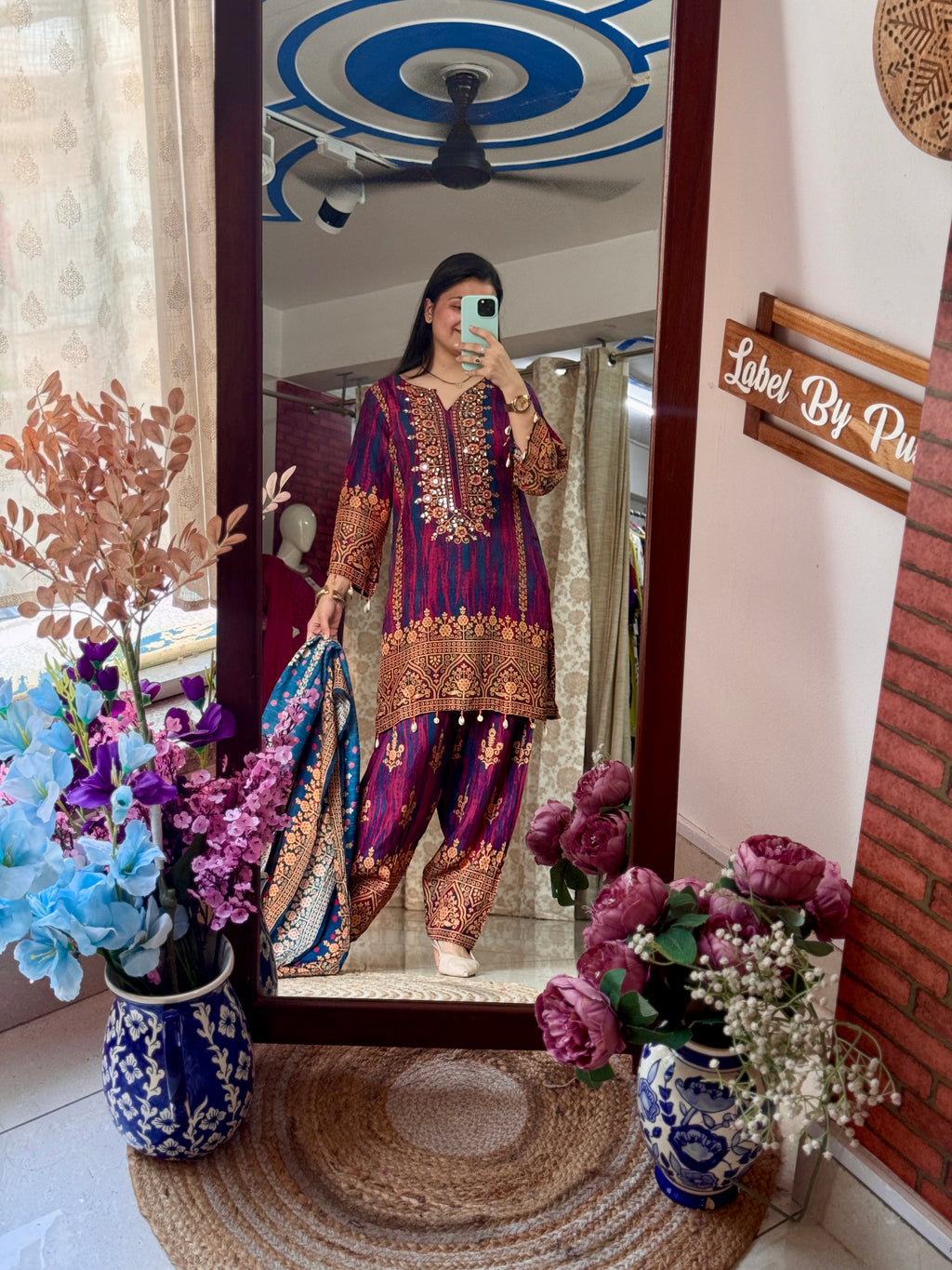 Dual tone Muslin Suit | Hand embroidered | Cotton lining| With Duppata|Farshi Salwar