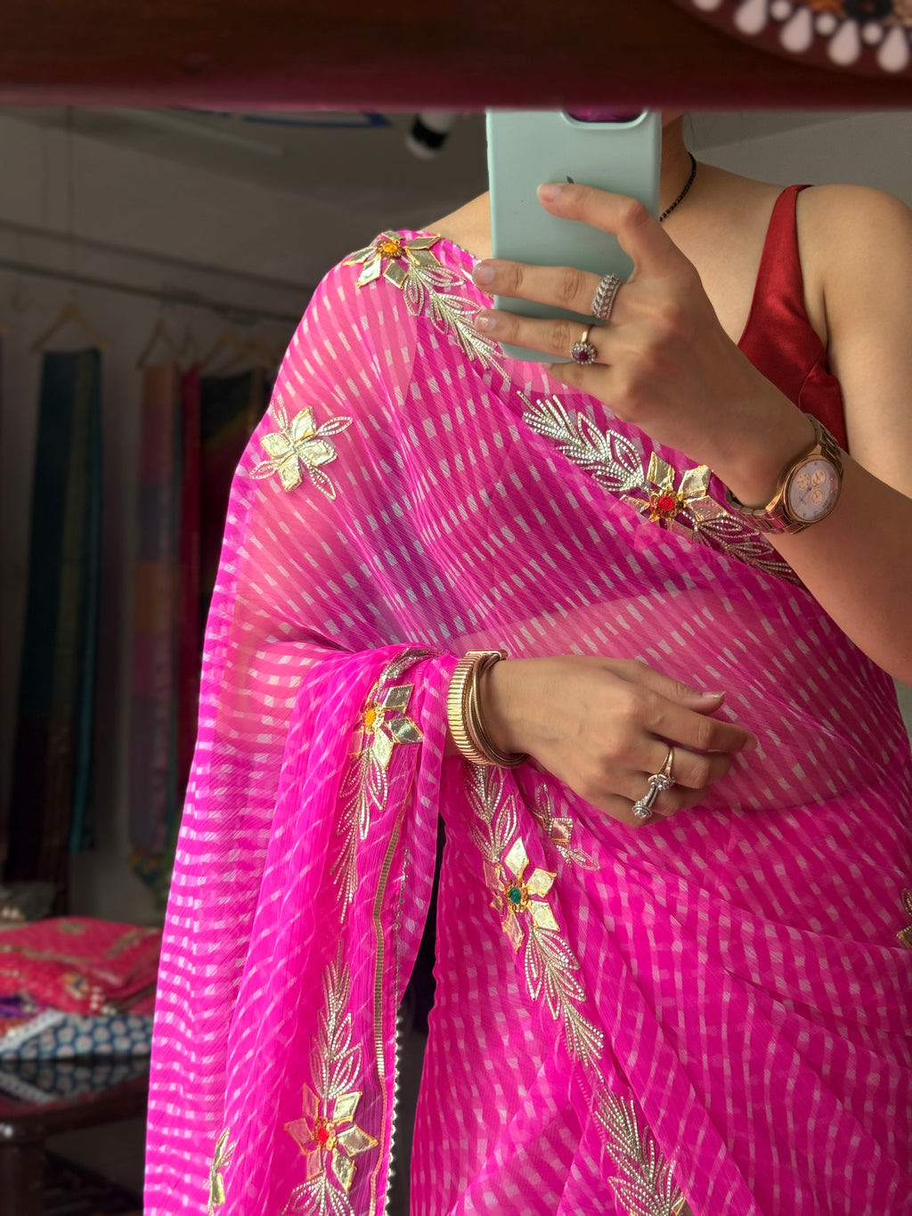 Pink Leheriya|Kaccha Gota work| With blouse| Chiffon