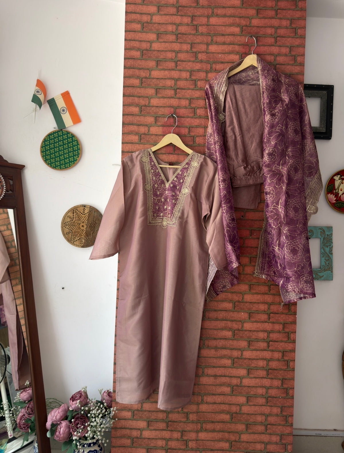 Dual tone Suit |With lining| Embroidered| Tissue Silk