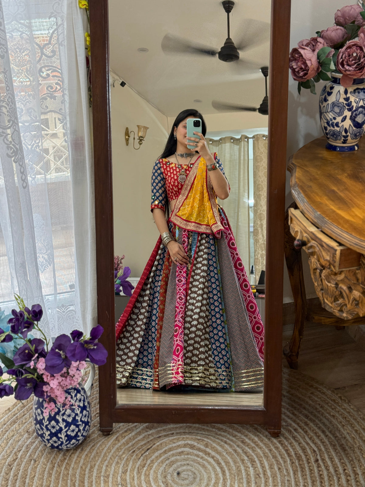 Garba Skirt| Cotton Block Printed Fabric| With inner| Gota pattiwork | 9-10 meters flair