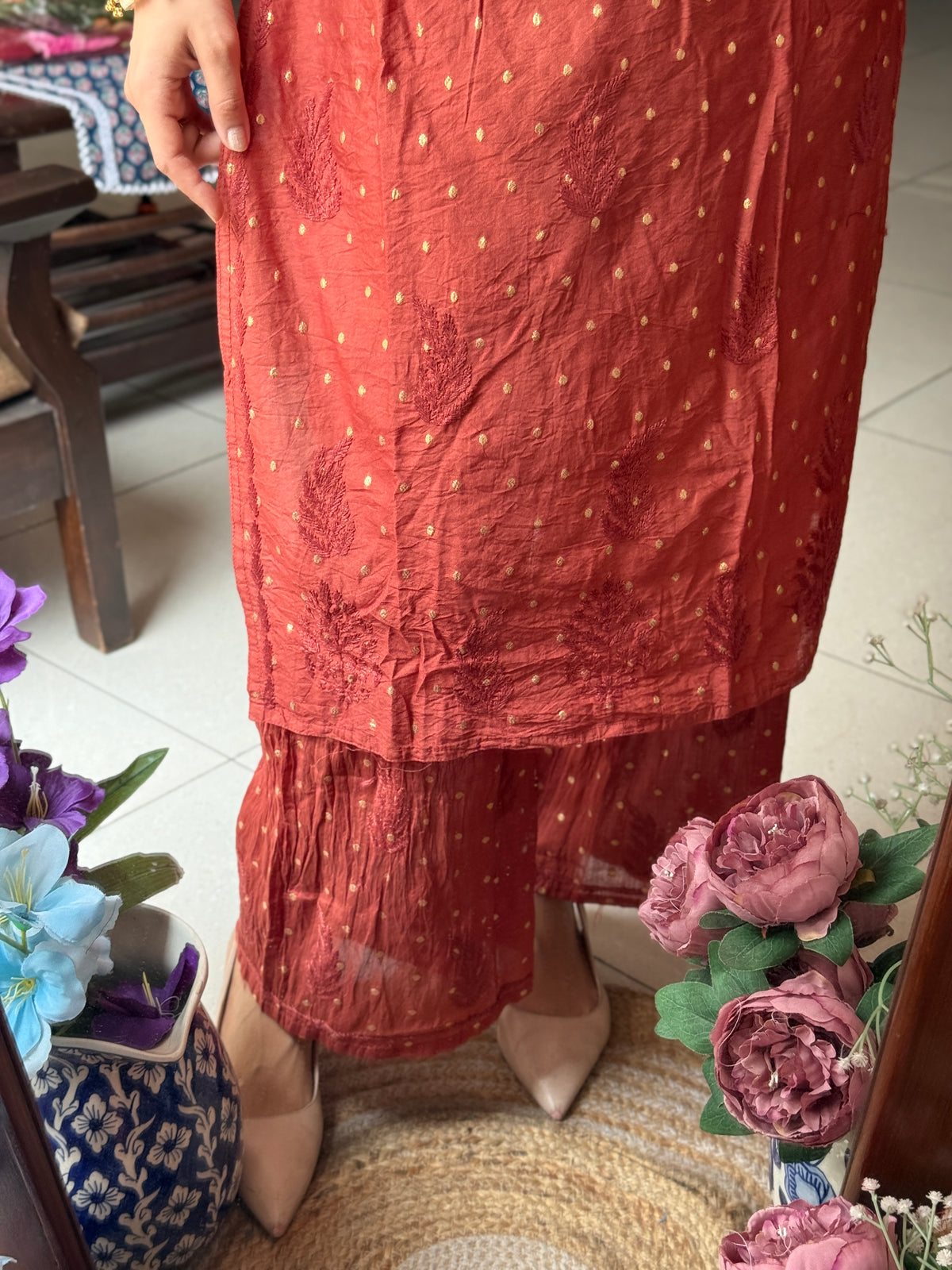 Mauve Mul Chanderi | Chikankari Hand embroidery| cotton lining in bottom| Premium design
