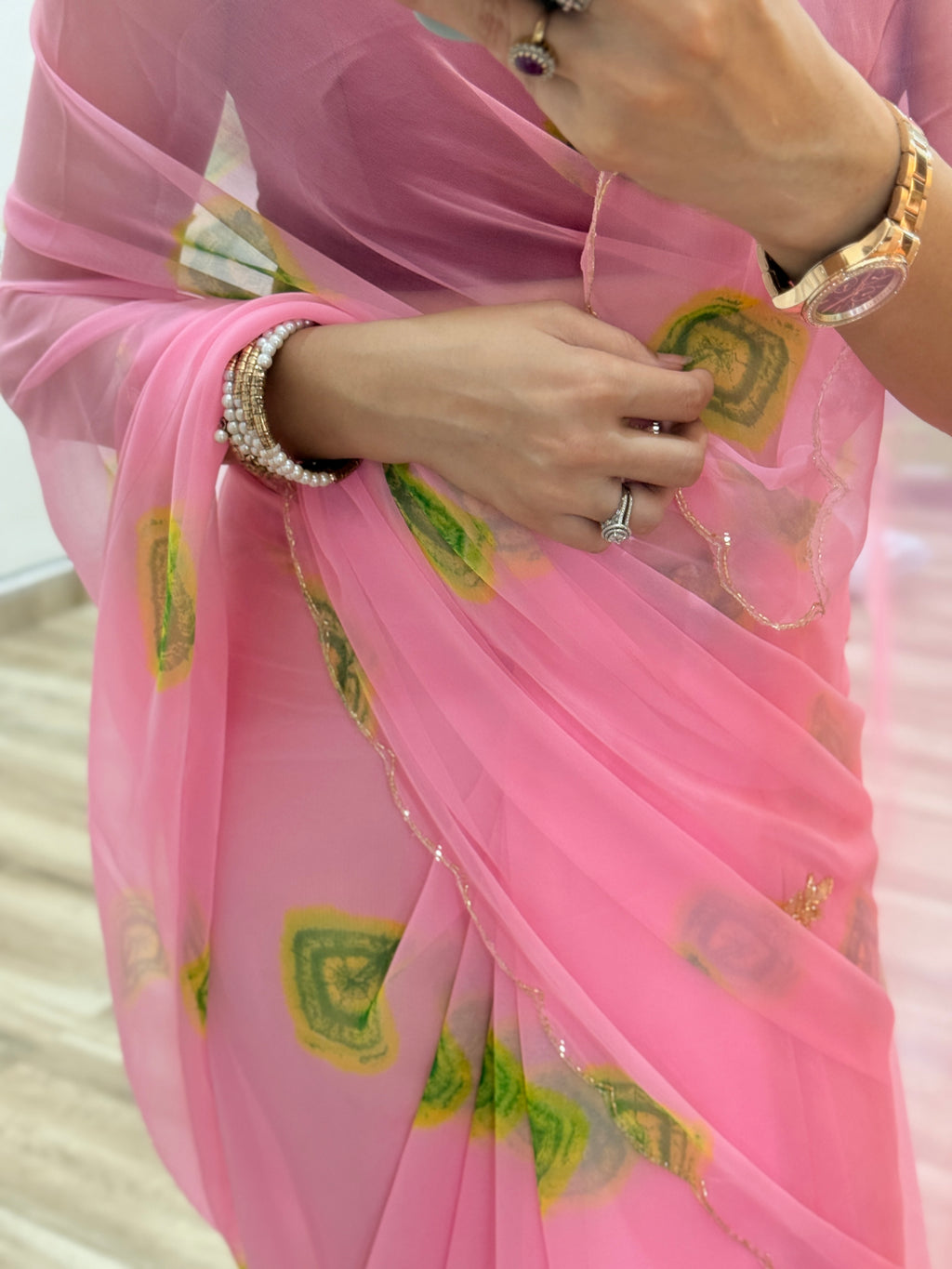 Pink |Pure Georgette Digital Printed Saree| Handwork cutdana detailing| Without blouse