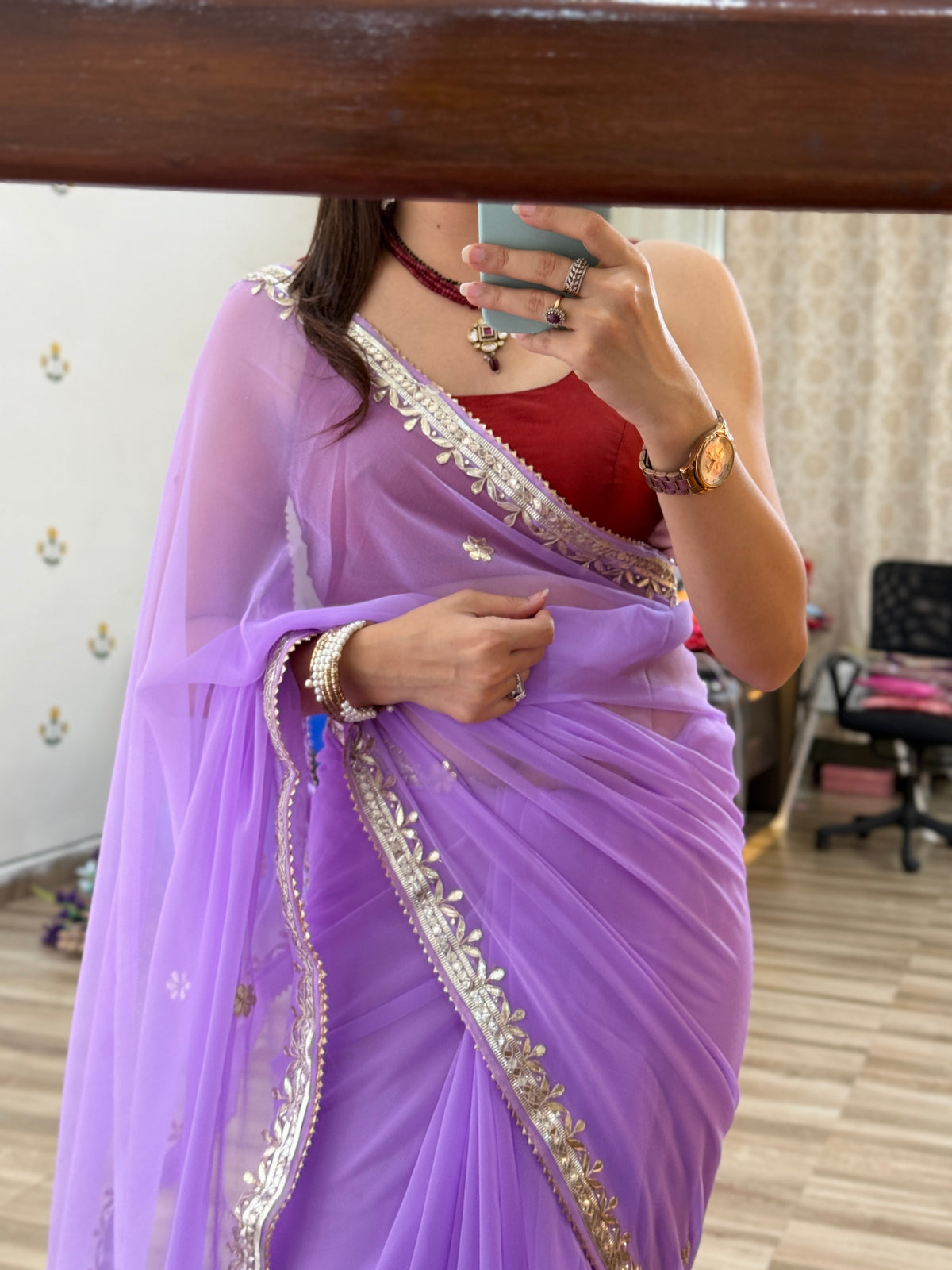Lilac Georgette Saree | Gotta Pati Handwork | With blouse