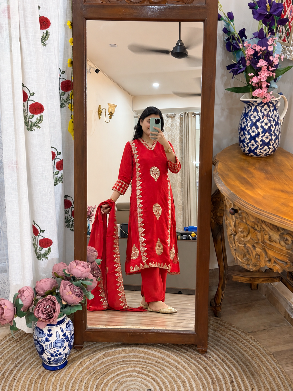 Red Karwachauth Silk Suit | Cotton lining in top + bottom| Embroidered back | Silk Duppata| Zari Embroidered