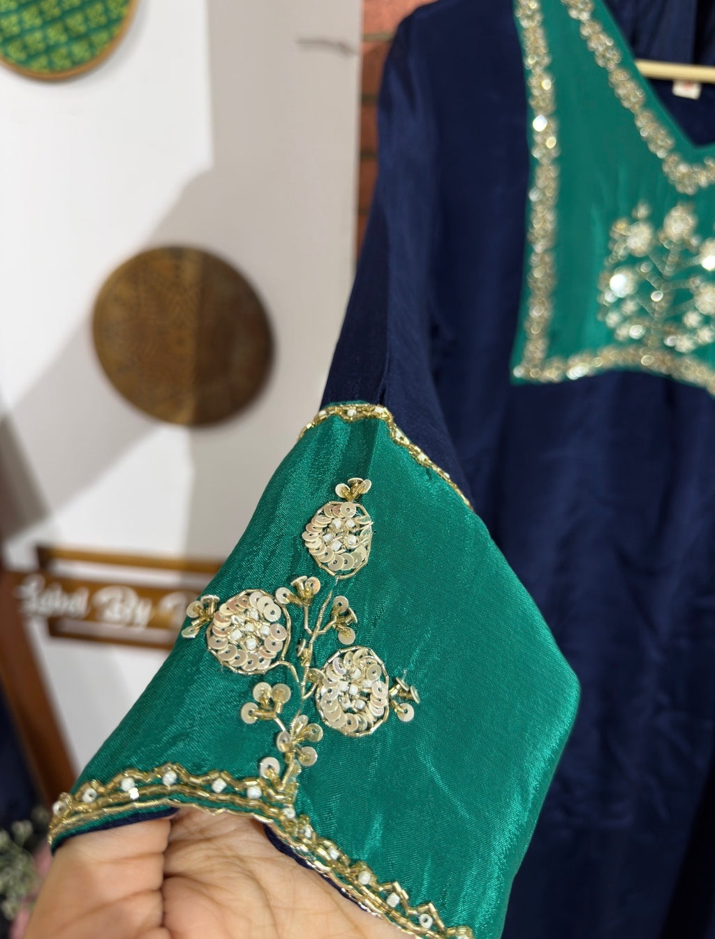Blue Green Chinon Suit Set with Hand Embroidered Neckline & Designer sleeves and bottom with dual tone Duppata with lacework
