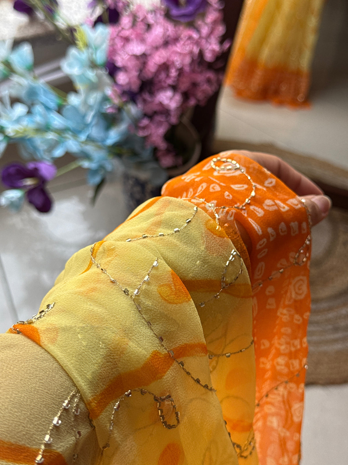 Dual tone Pure Georgette Saree| Handwork cutdana detailing| With blouse
