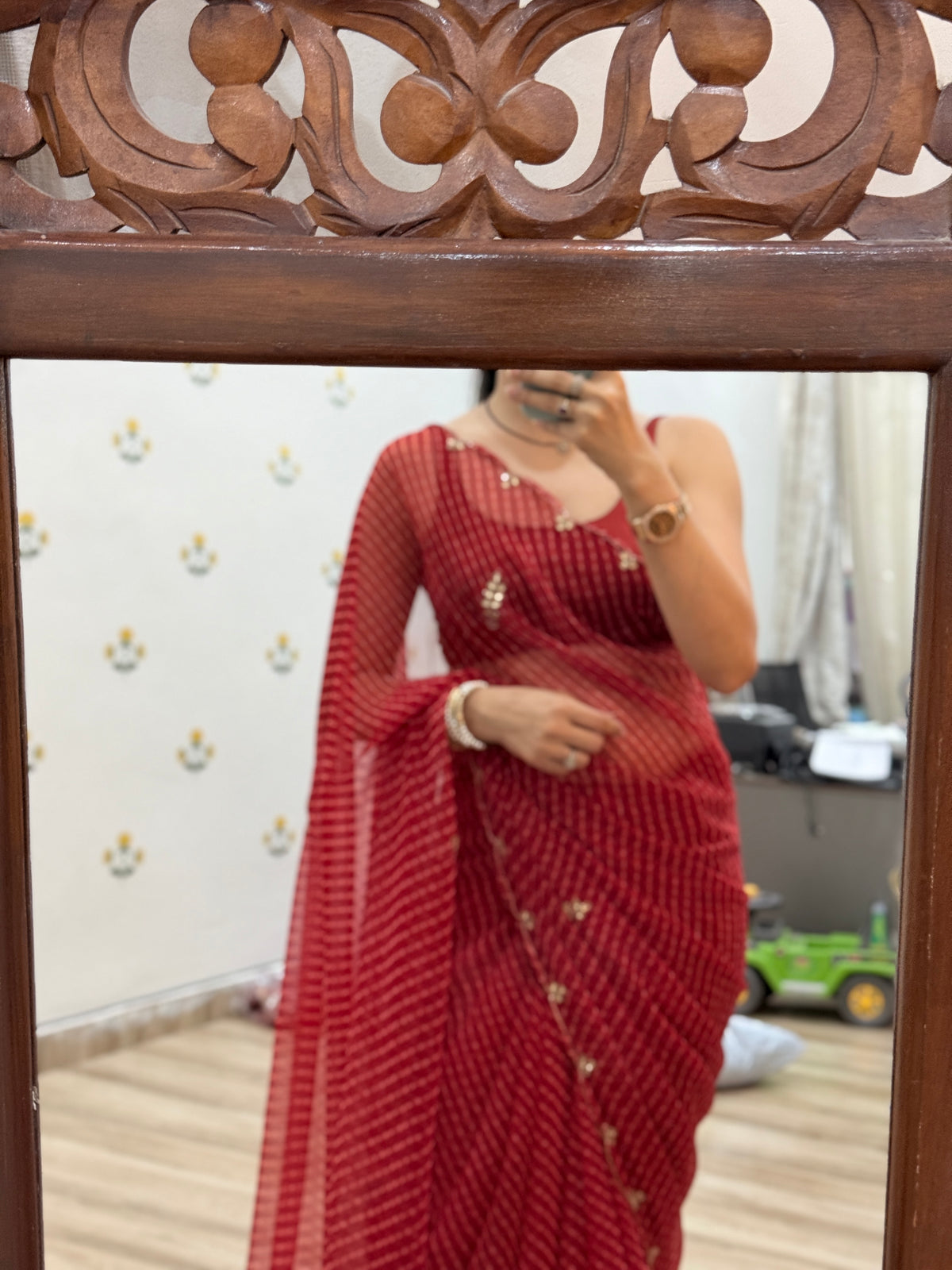 Red Bandhani |Pure Georgette Digital Printed Saree| Handwork cutdana detailing| Without blouse