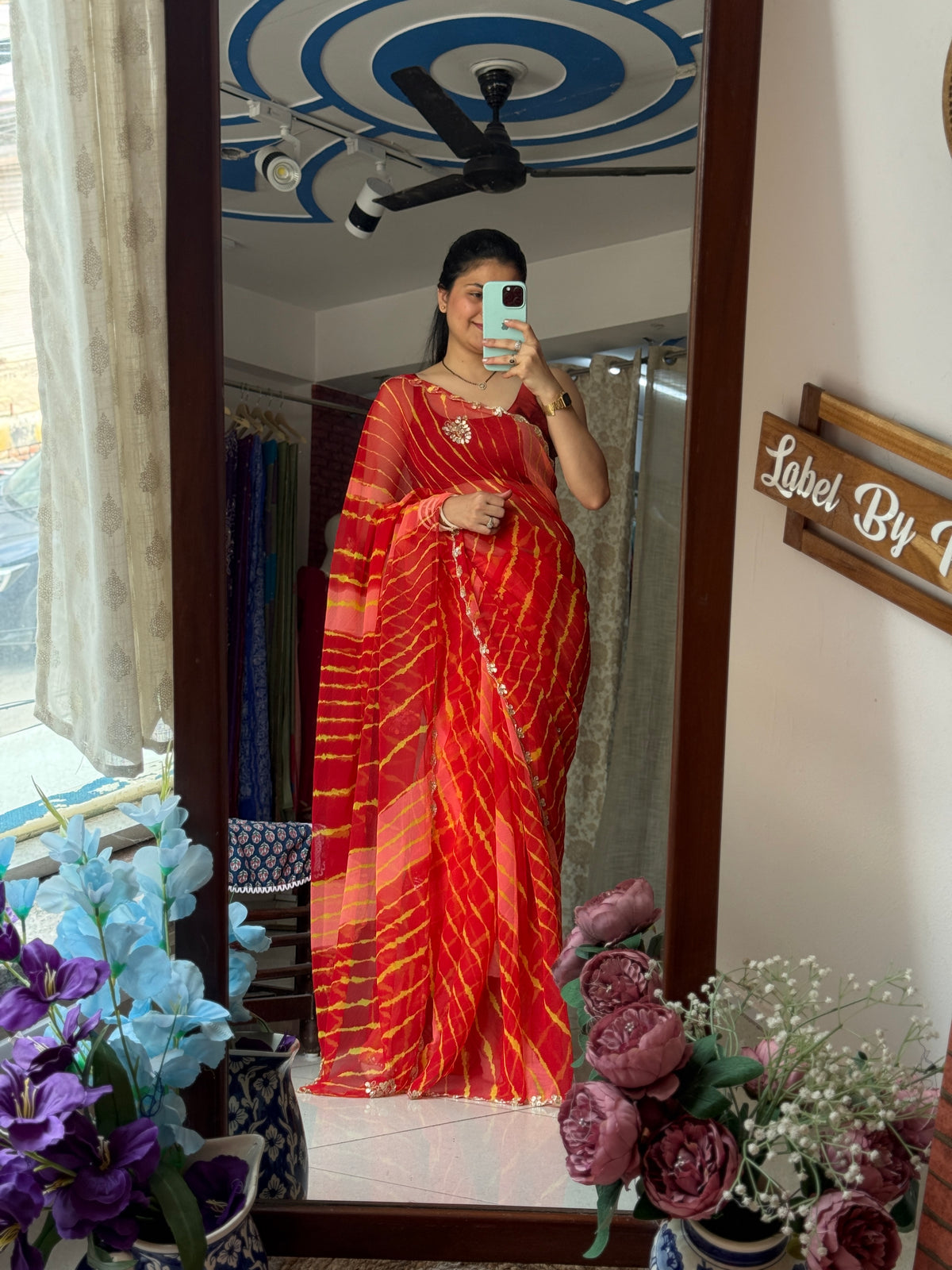 Orange Yellow |Pure Georgette Handblock Digital Printed Saree| Handwork cutdana buta detailing| With blouse