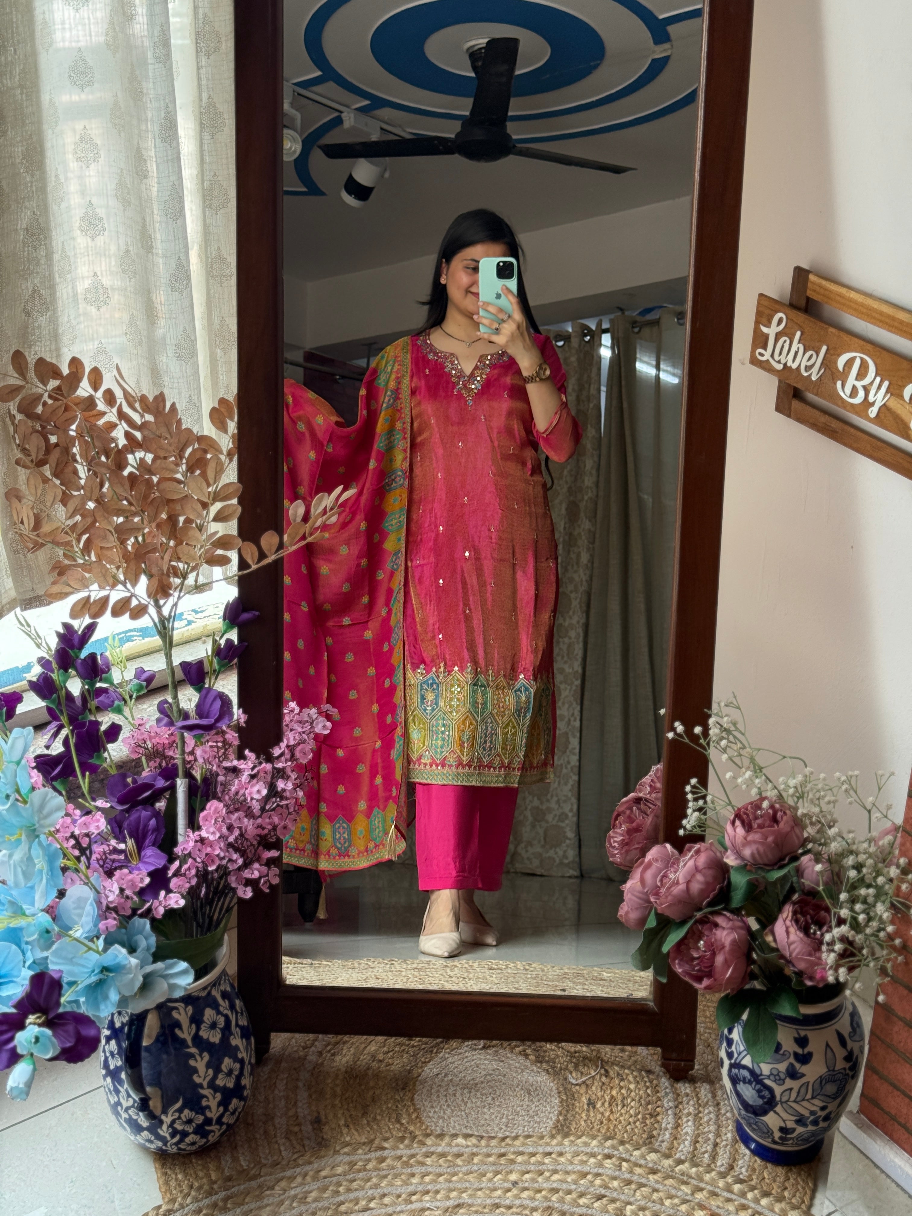 Pink Tissue Suit Set with Hand Embroidered Neckline and bottom with Duppata | within lining