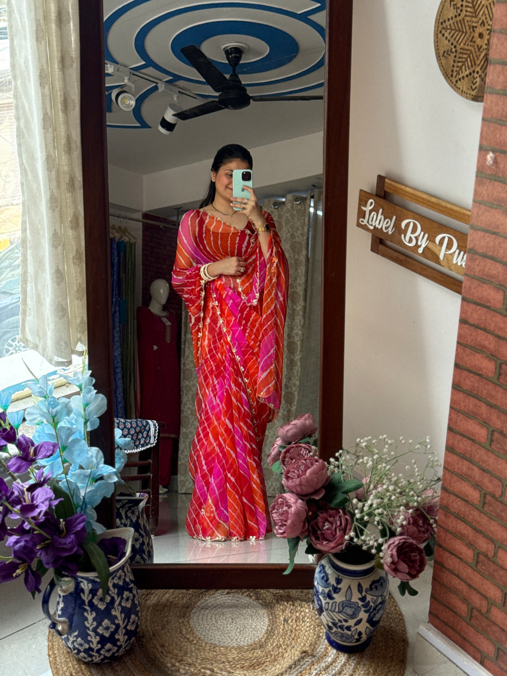 Orange Pink Pure Georgette Handblock Digital Printed Saree| Handwork cutdana buta detailing| With blouse