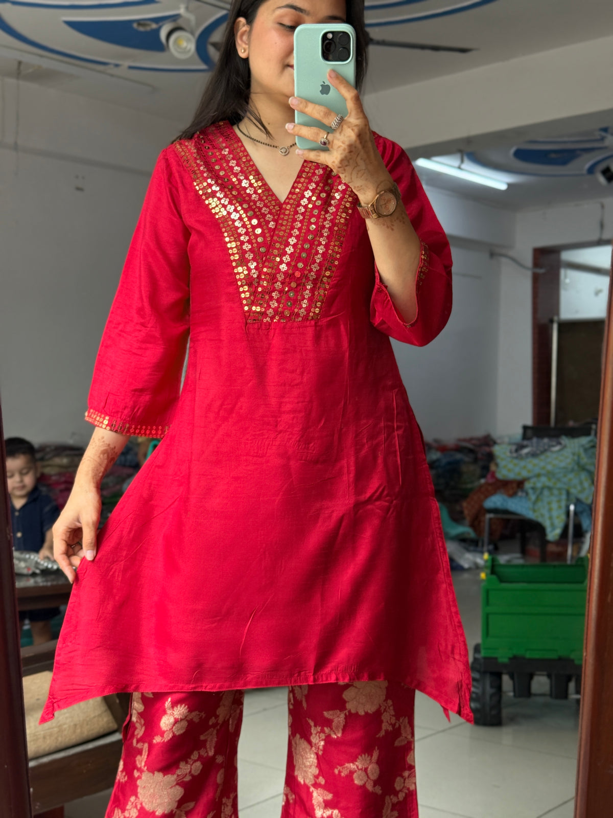 Crimson Pink Co Ord Set| Dola Silk | Cotton lining in top + bottom | soft Brocade Silk Pants