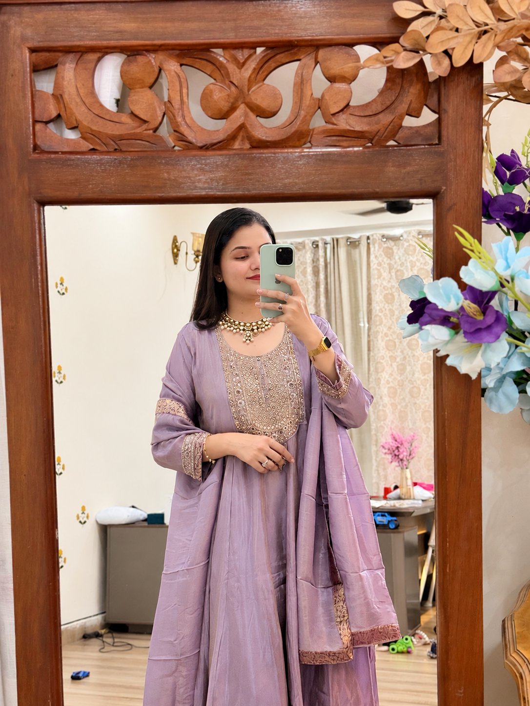 Tissue Shimmer Embroidered Anarkali Suit| with lining| Banarsi Border| Hand Embroidered
