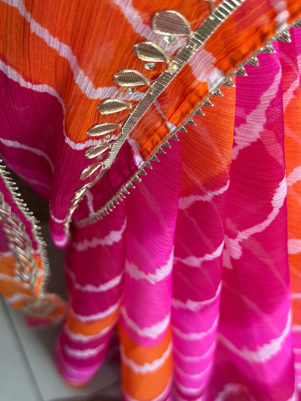 Pink Orange Chiffon Leheriya Saree|  Handwork Gota patti work| With blouse