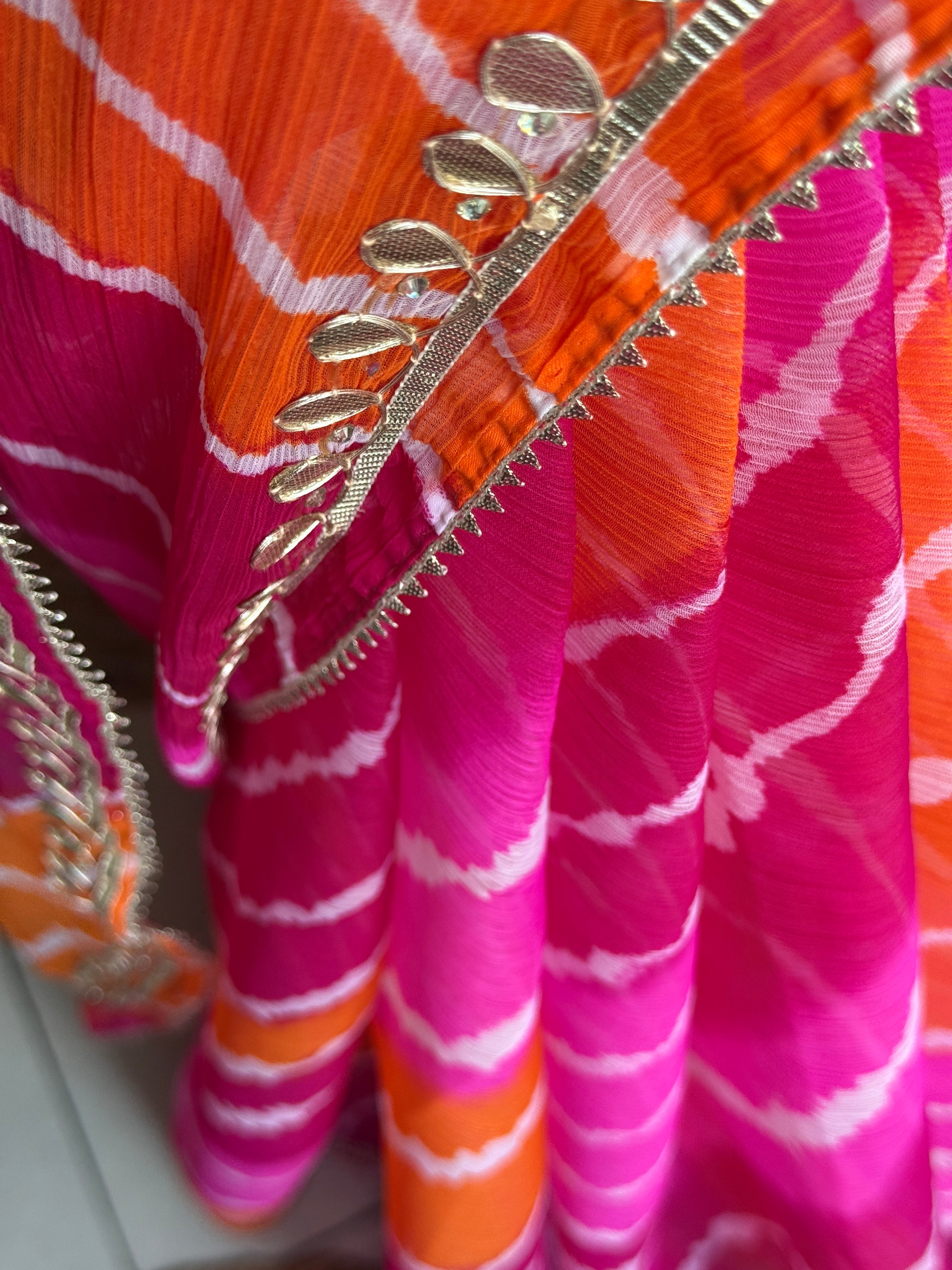 Pink Orange Chiffon Leheriya Saree|  Handwork Gota patti work| With blouse