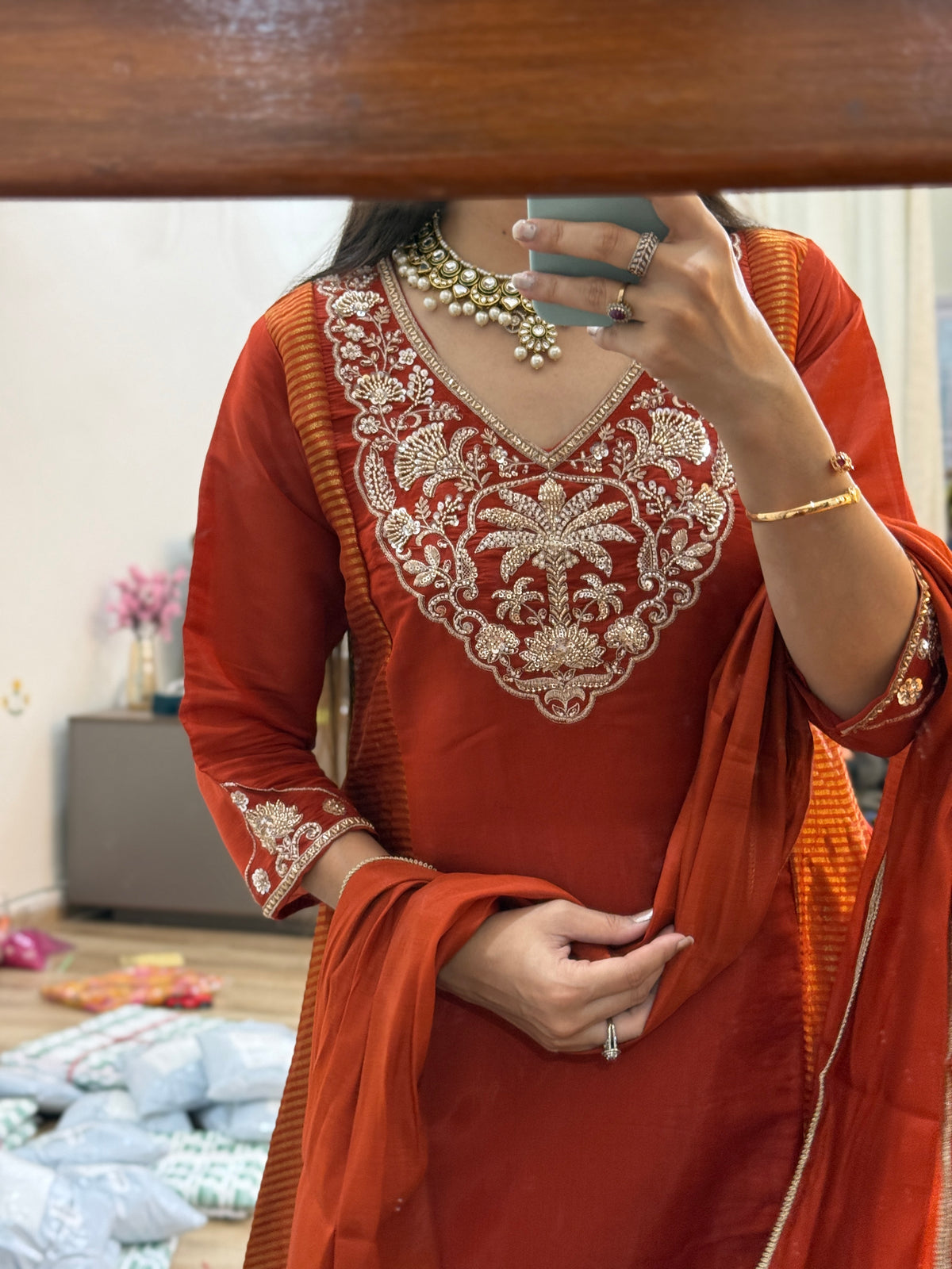 Burnt orange Hand Embroidered Suit| Cotton lining | Tissue fabric detailing|Mul Chanderi | Embroidered Sleeves