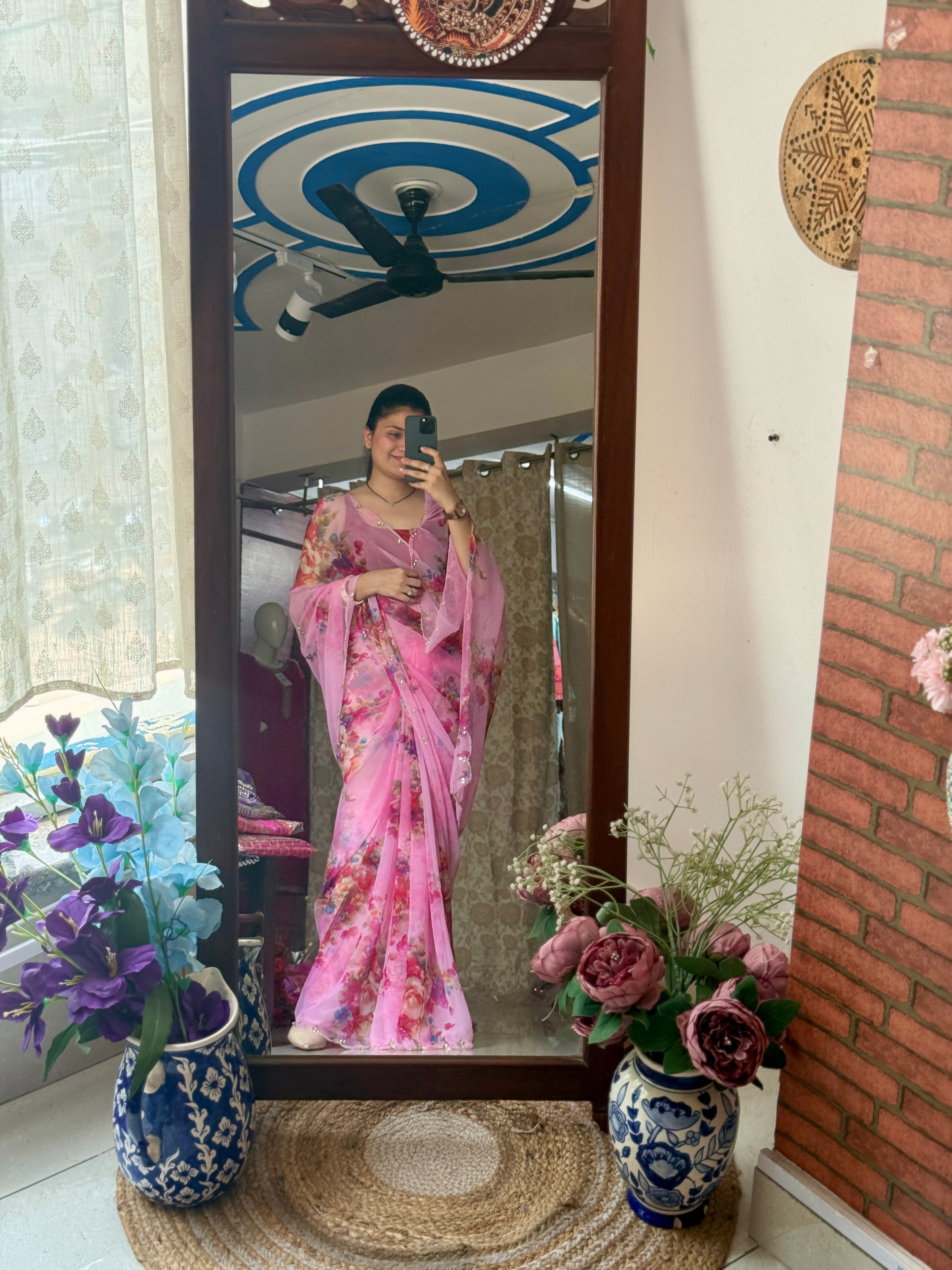 Powder pink |Pure Georgette Digital Printed Saree| Handwork cutdana detailing| Without blouse