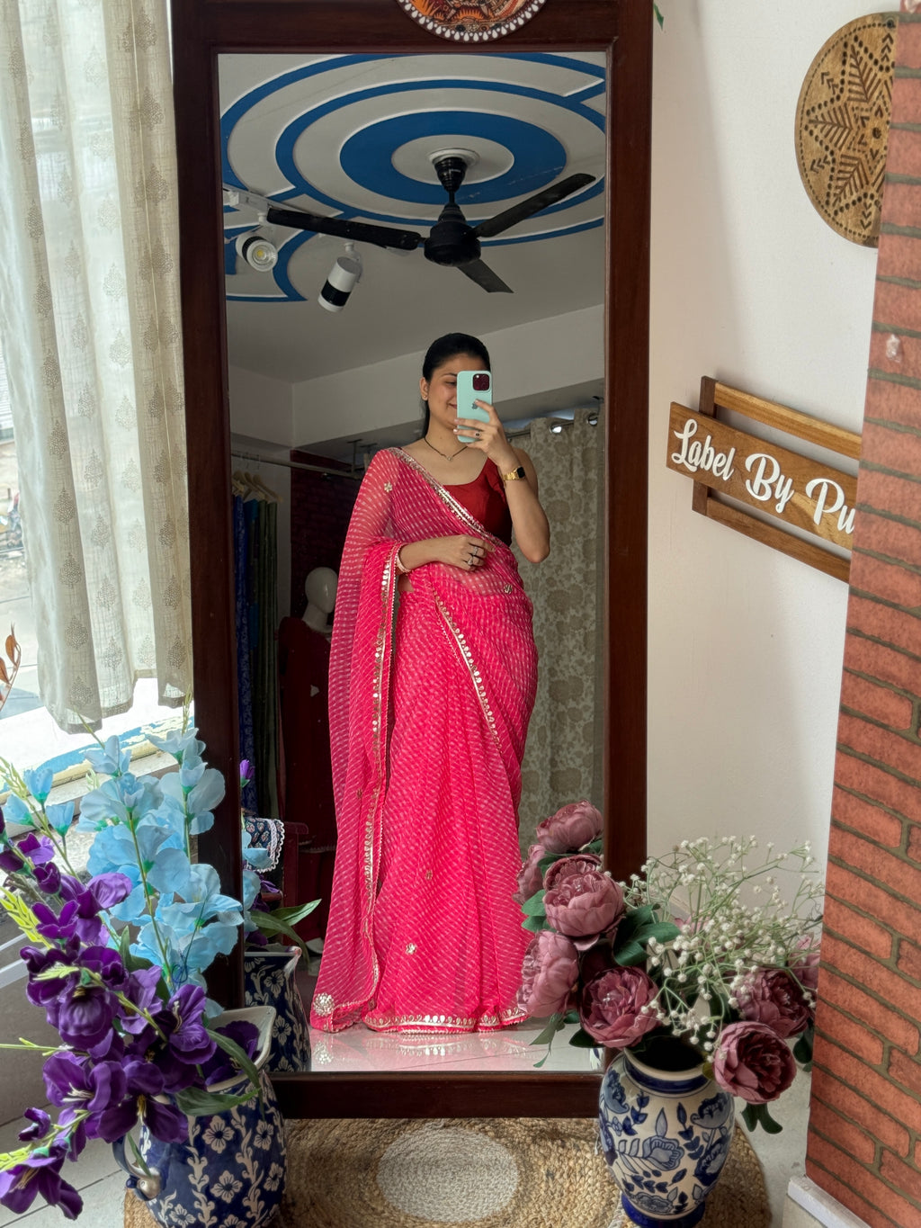 Peach Chiffon Leheriya Saree|  Handwork Gota patti work| With blouse