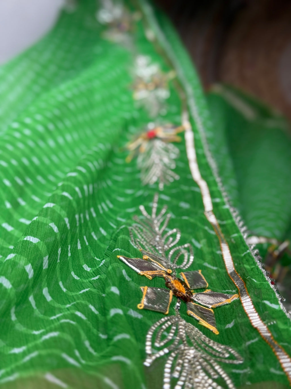 Green Leheriya|Kaccha Gota work| With blouse| Chiffon