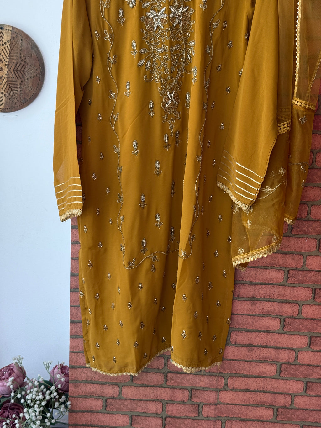 Mustard Partywear Suit |With lining| Embroidered| Silk