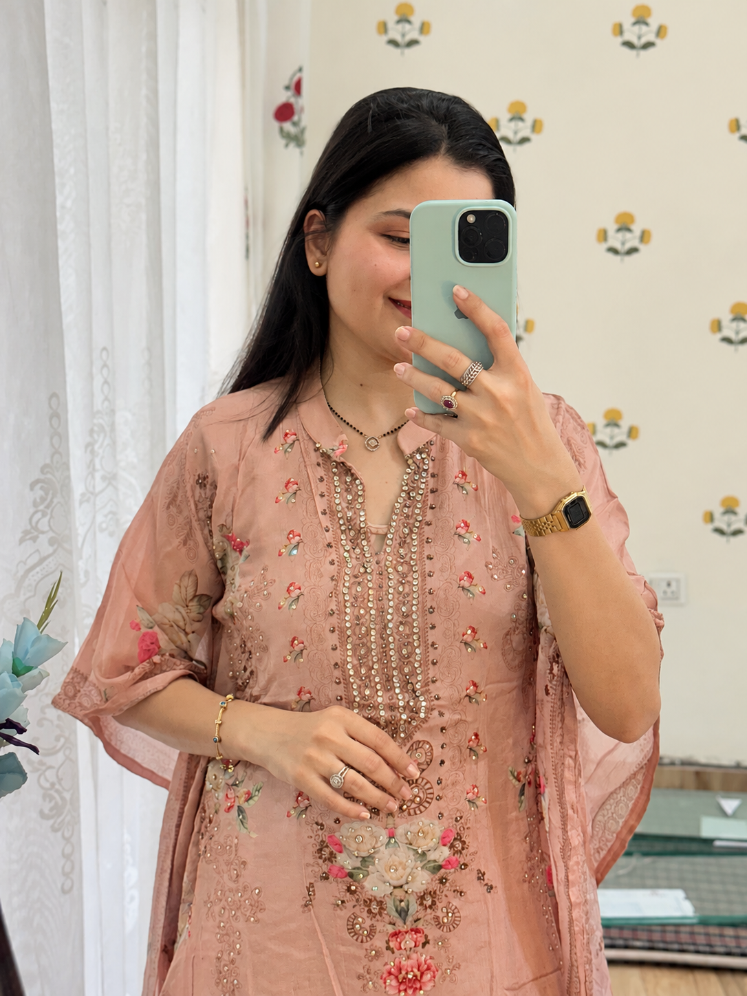 Premium Chinon Partywear Kaftan Set| With inner top | Real mirror work| Sharara bottom