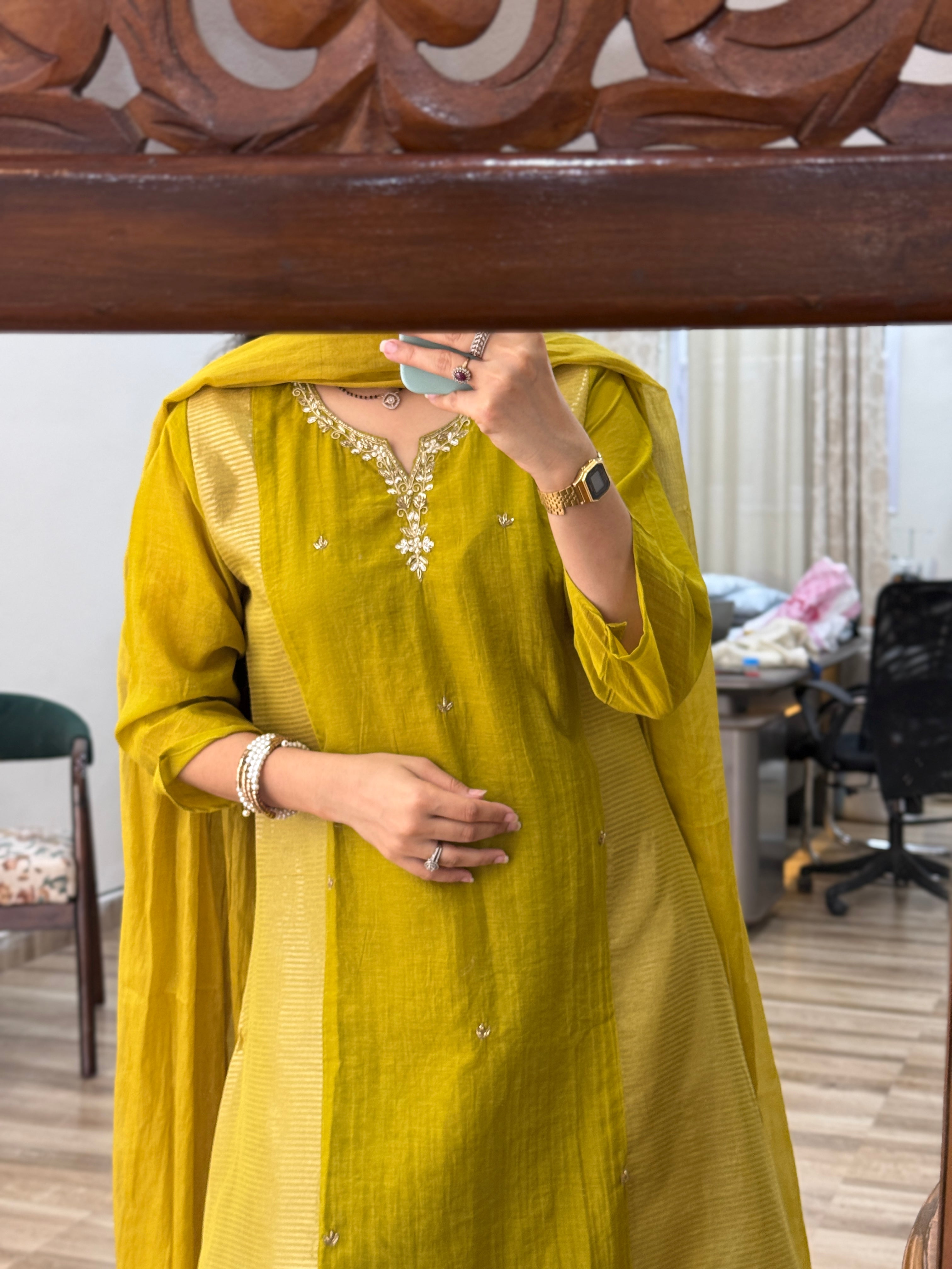 Mehendi Green Mul Chanderi Suit | Handloom Zari Beauty | Cotton lining| With Duppata|Classy & Elegant Suit Set