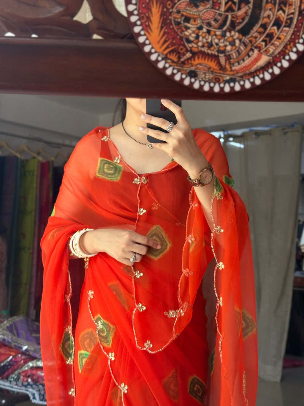 Orange Shibhori |Pure Georgette Digital Printed Saree| Handwork cutdana detailing| Without blouse