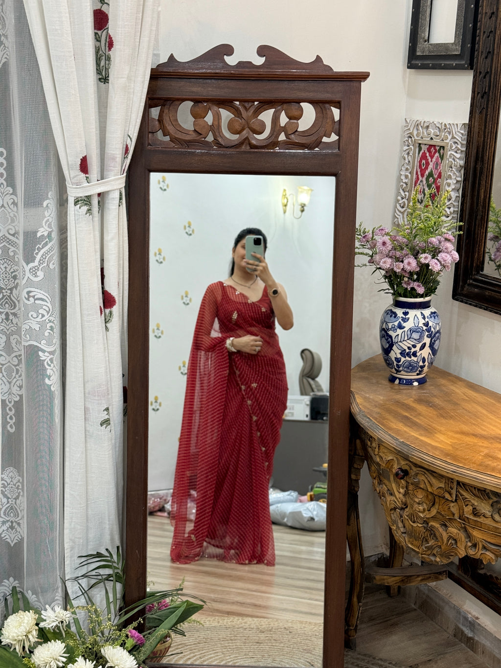 Red Bandhani |Pure Georgette Digital Printed Saree| Handwork cutdana detailing| Without blouse