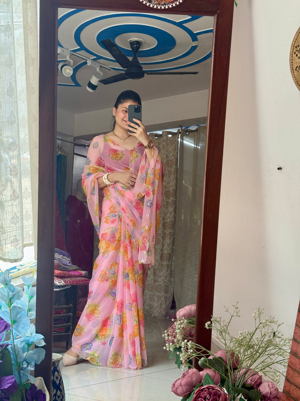 Blush Pink |Pure Georgette Digital Printed Saree| Handwork cutdana detailing| Without blouse
