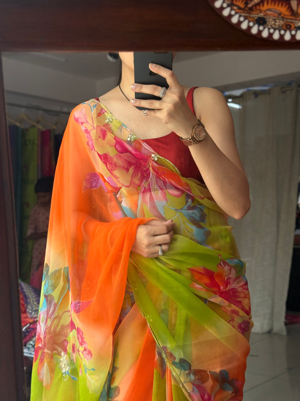 Multi colour |Pure Georgette Digital Printed Saree| Handwork cutdana detailing| Without blouse