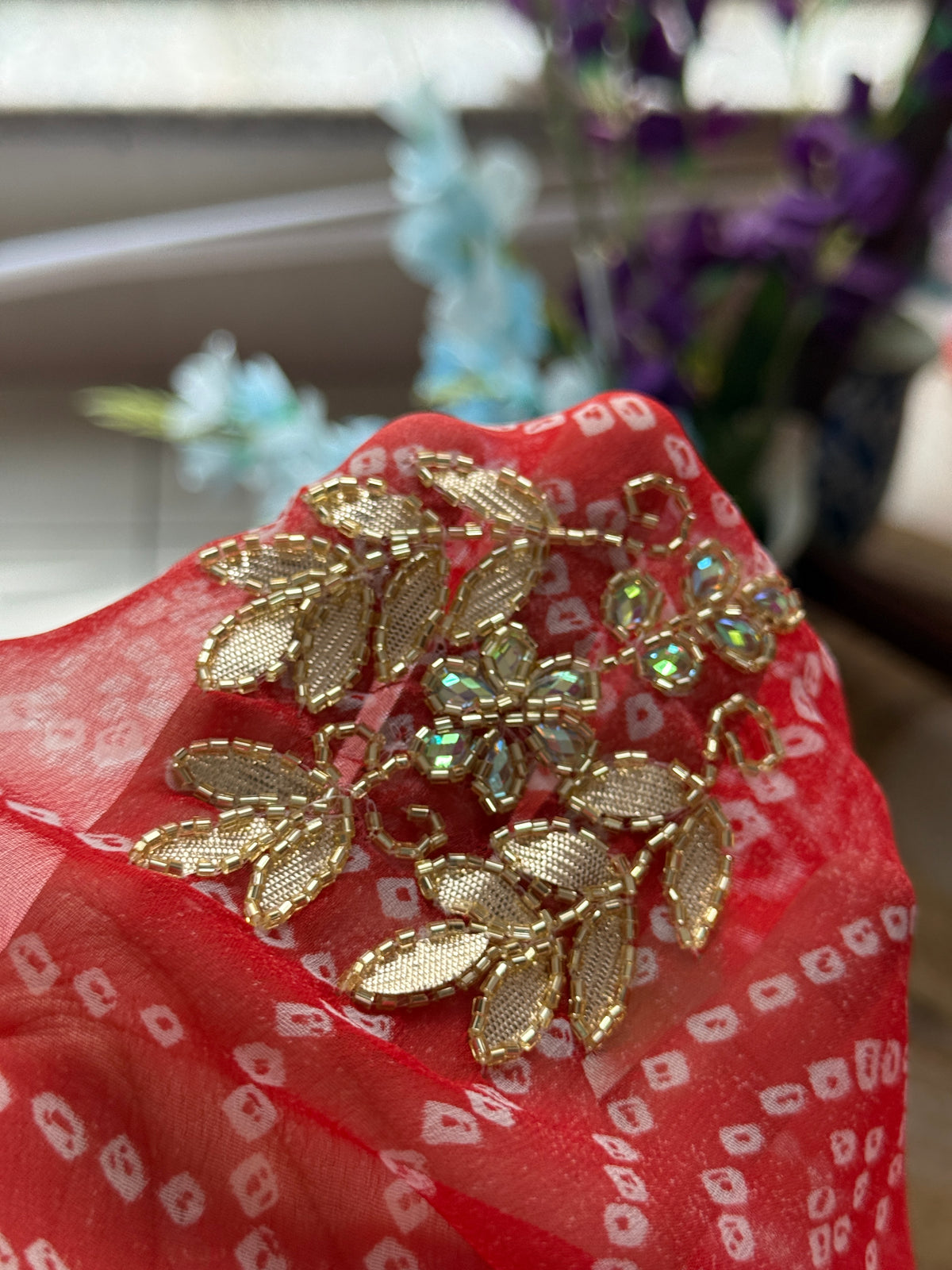 Red phaag |Pure Georgette Digital Printed Saree| Handwork cutdana butas | Without blouse