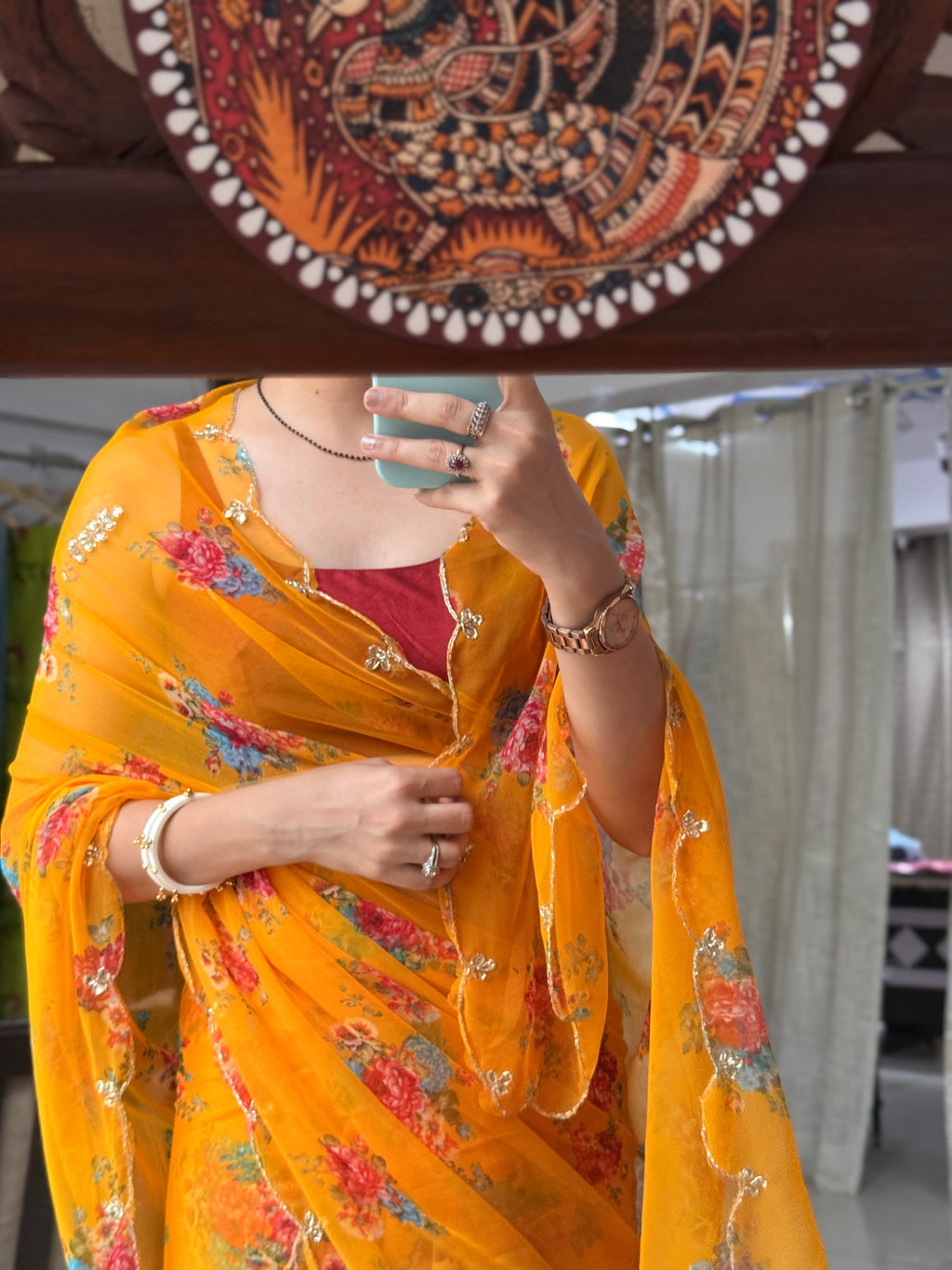 Yellow Pure Georgette Handblock Digital Printed Saree| Handwork cutdana detailing| Without blouse
