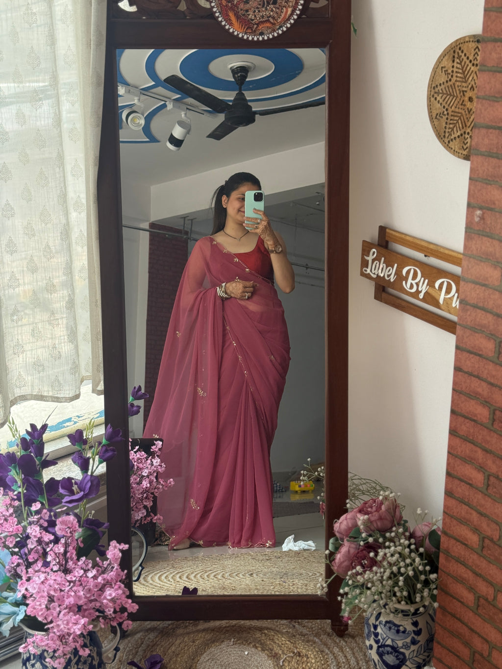 Mauve Pure Georgette Saree| Handwork cutdana detailing| With blouse