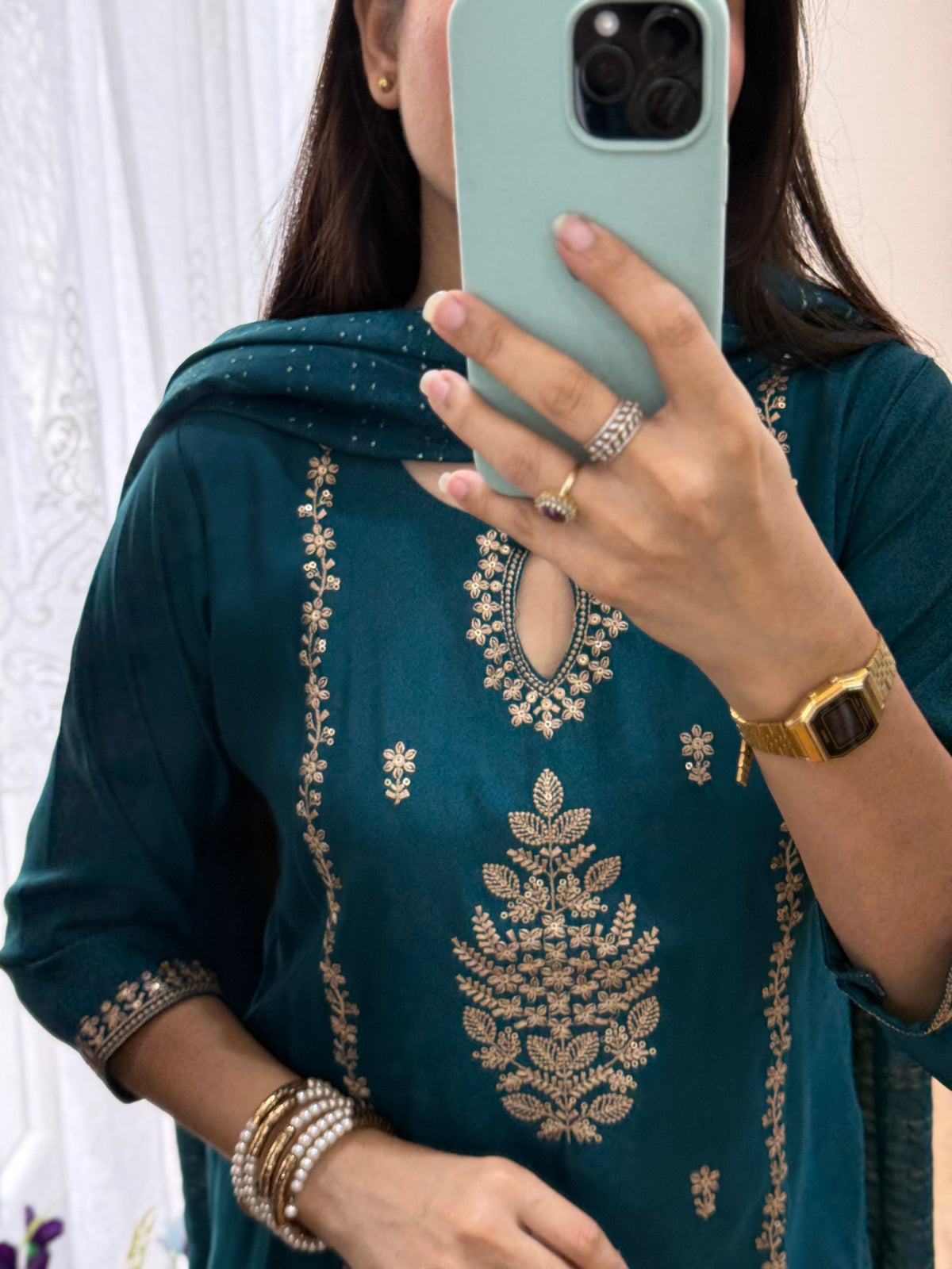 Peacock blue suit | With cotton lining| Embroidered| Stylish neckline