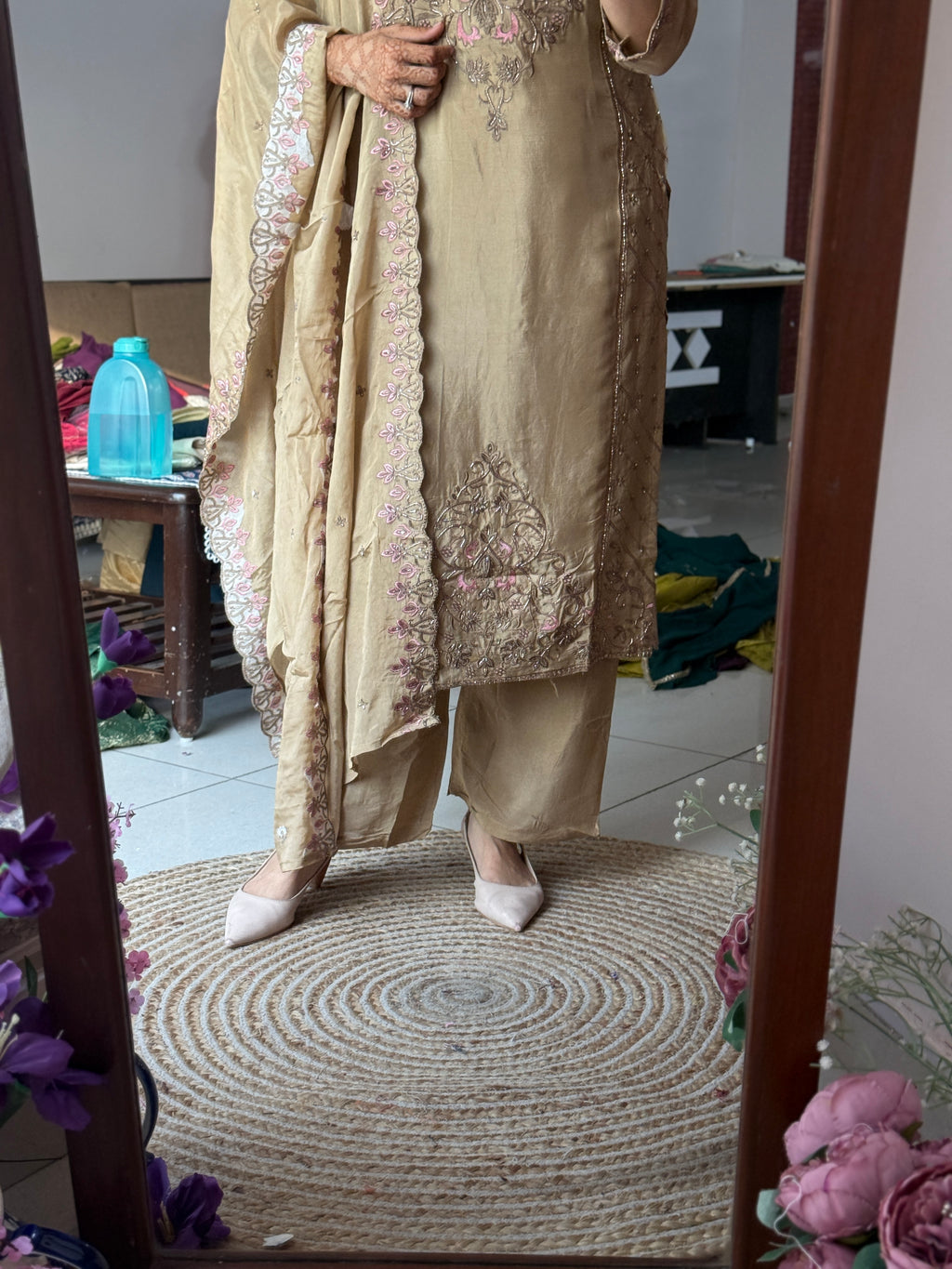 Golden Bliss Suit Set with Hand Embroidered| Cotton Lining in top and bottom| Duppata with embroidery | Pure Chinon