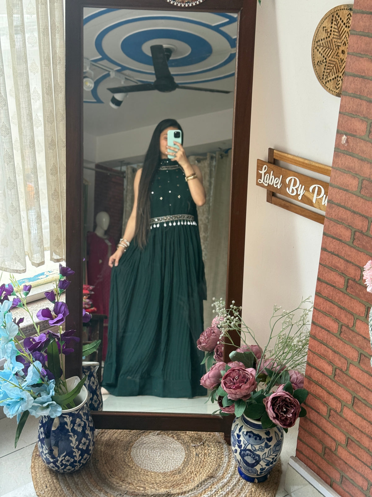 Green Partywear Hand embroidered Dress| Extra sleeves| Comes with hand embroidered belt| Duppata for styling| Rakhi Special