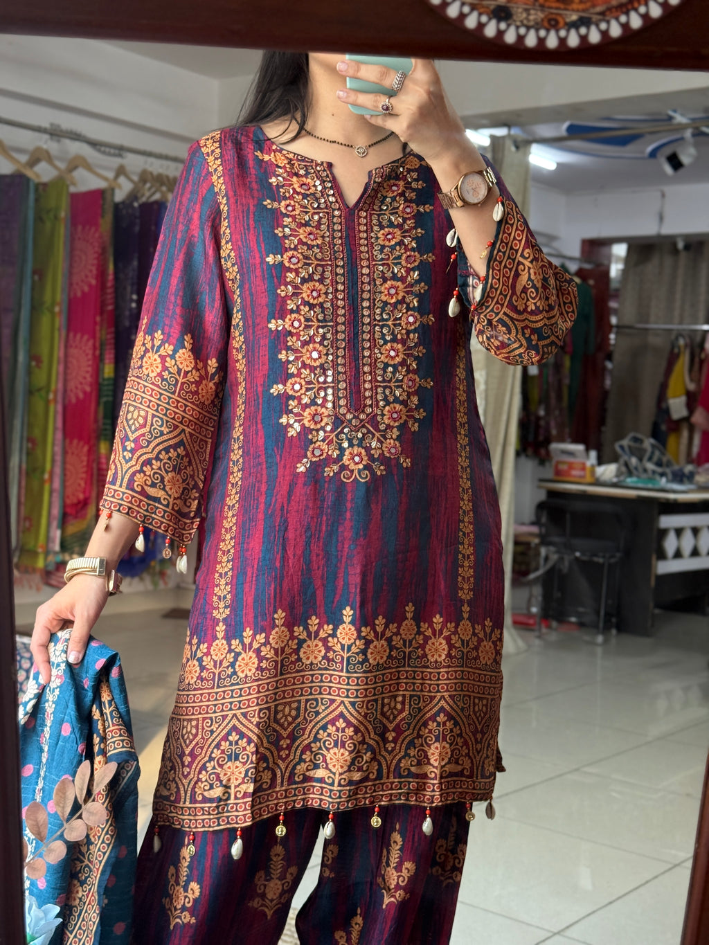 Dual tone Muslin Suit | Hand embroidered | Cotton lining| With Duppata|Farshi Salwar