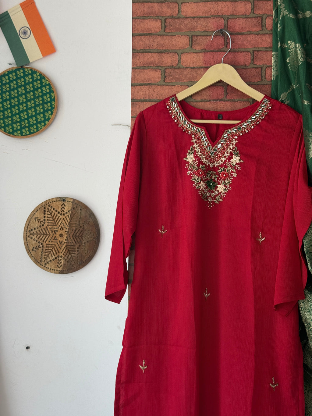 Red Green Suit |With lining| Embroidered| Silk