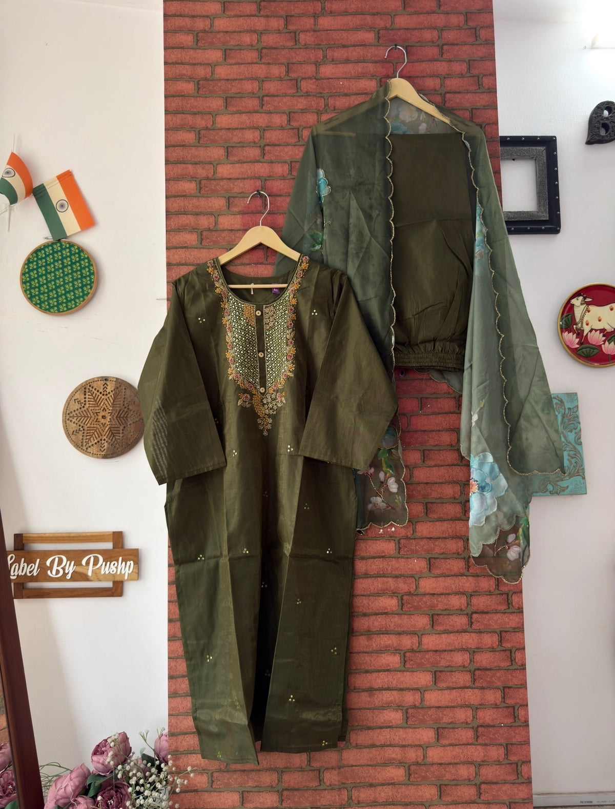 Green Hand Embroidered Suit |Cotton Silk | lining
