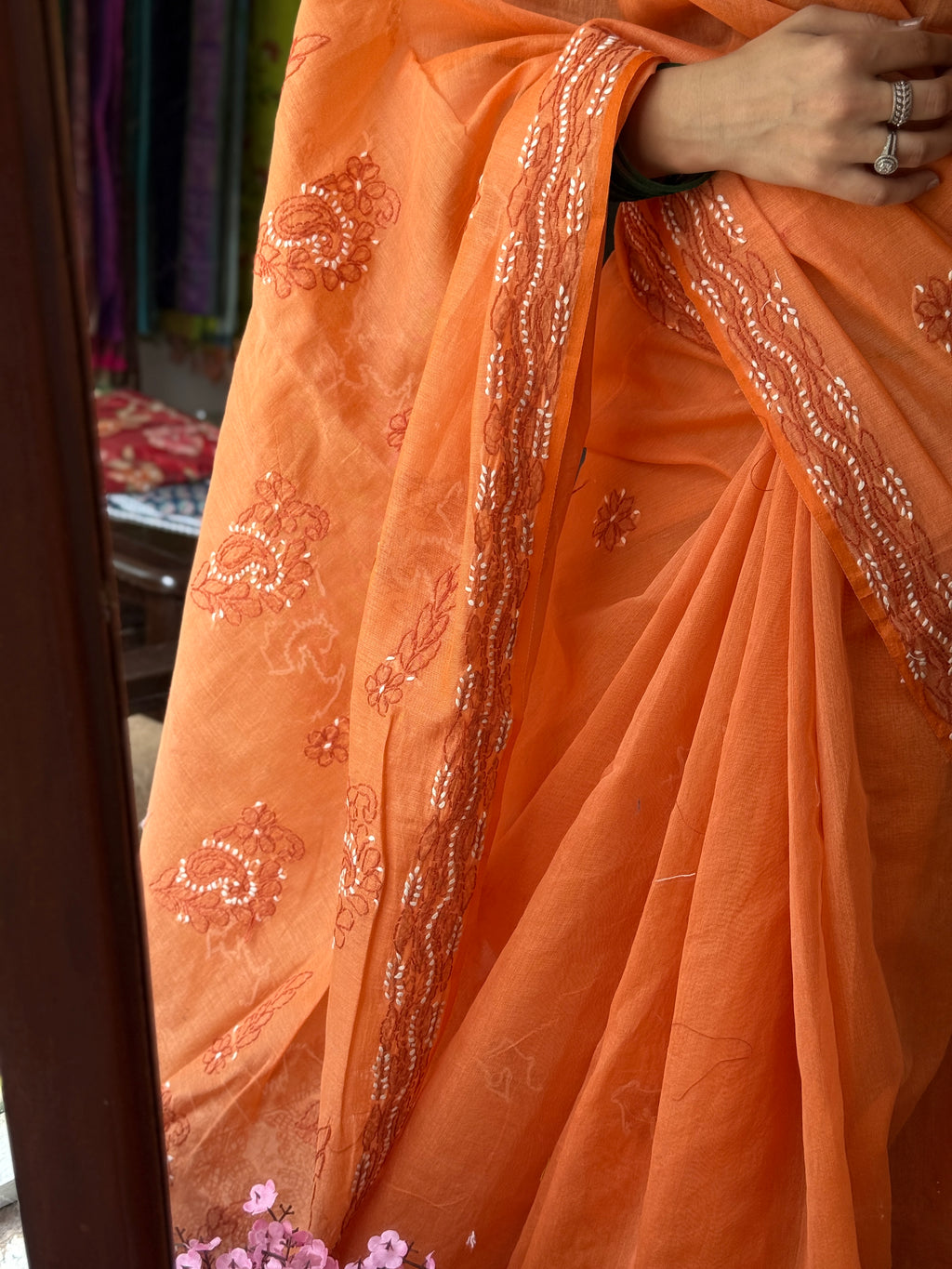 Orange Hand Embroidered Chikanakri Saree| Mul Chanderi Fabric| With embroidered blouse