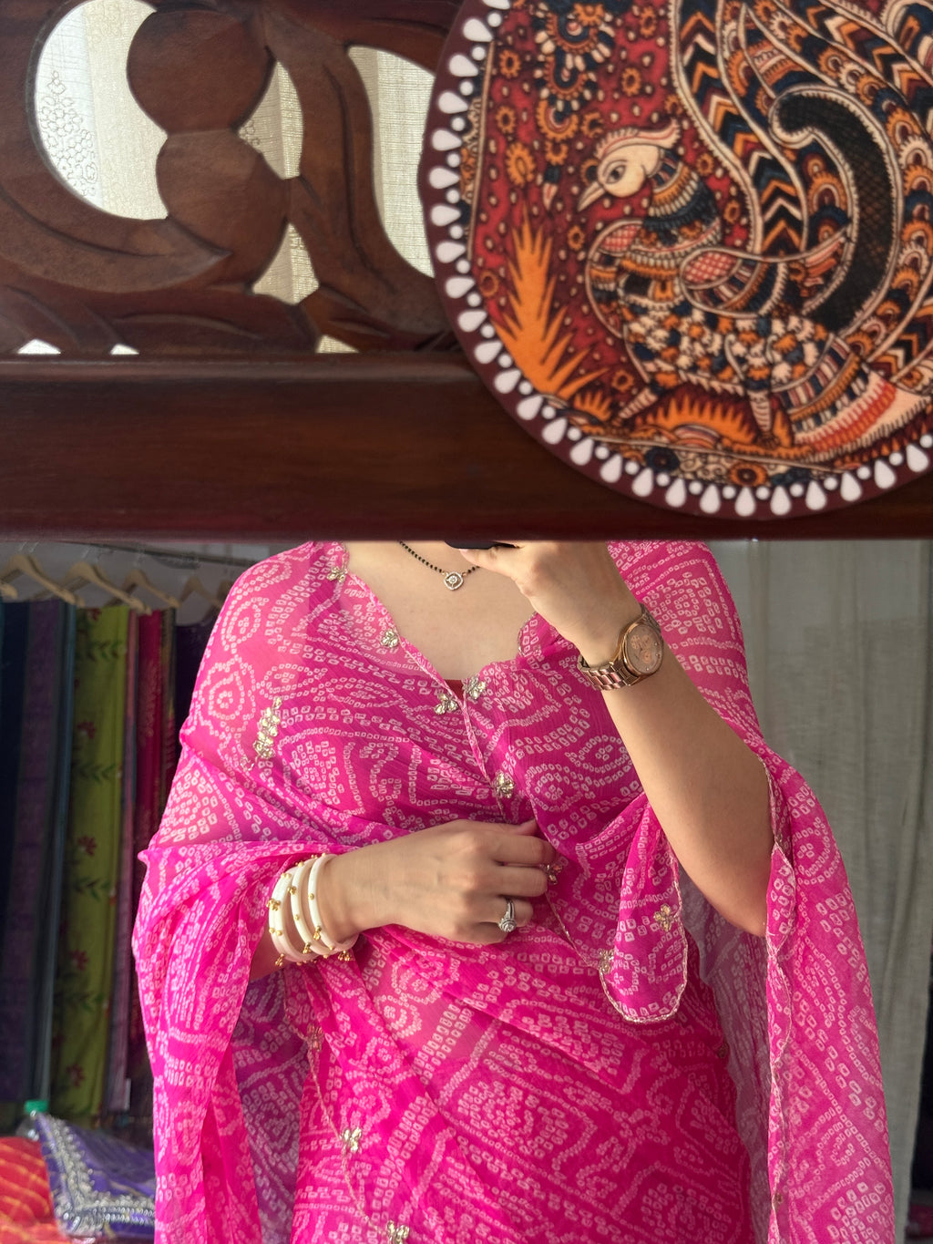 Pink bandhej |Pure Georgette Digital Printed Saree| Handwork cutdana detailing| Without blouse