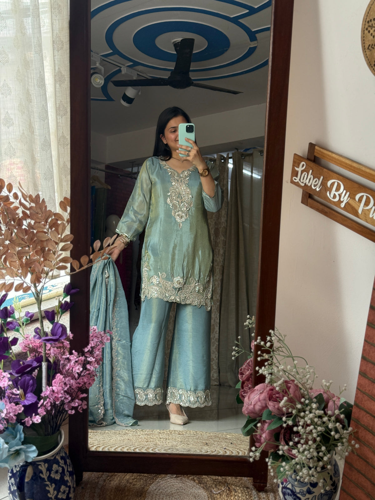 Shenaz Tissue Shimmer Set with cutwork embroidered palzo pant and Duppata| lining| Hand Designer Set