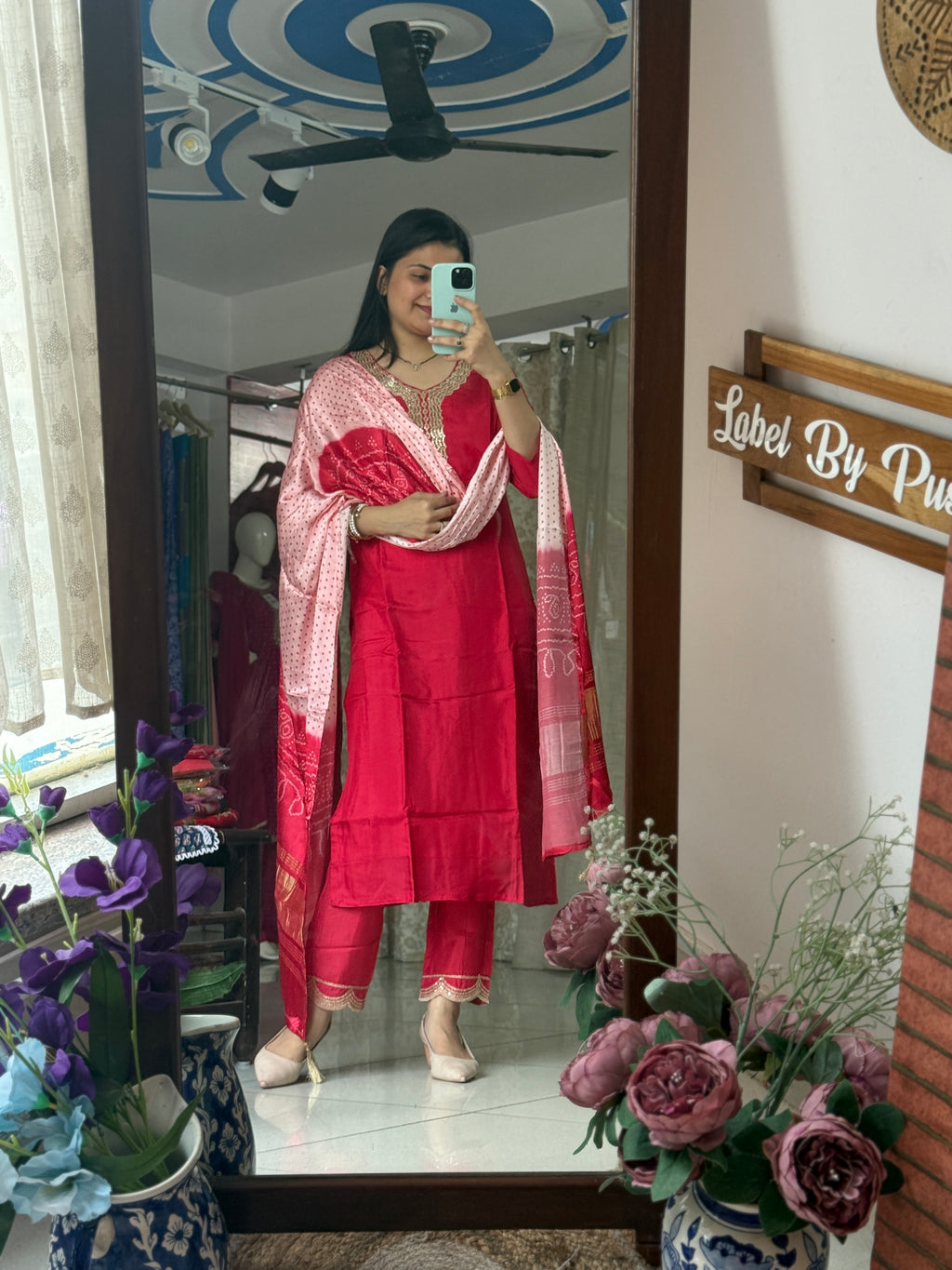Gajji Silk bandhani Suit Set for Women | Embroidered neckline | Cotton lining| Bandhani Dupatta with lugdi patta