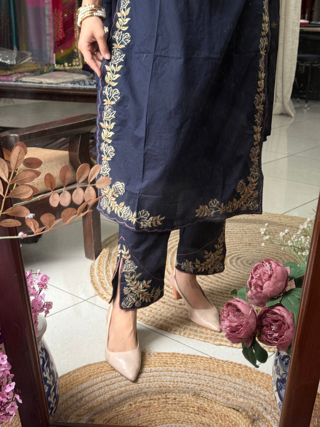 Blue Designer Cotton Suit Set with Embroidered Neckline & Designer sleeves and bottom with mul cotton embroidered Dupatta