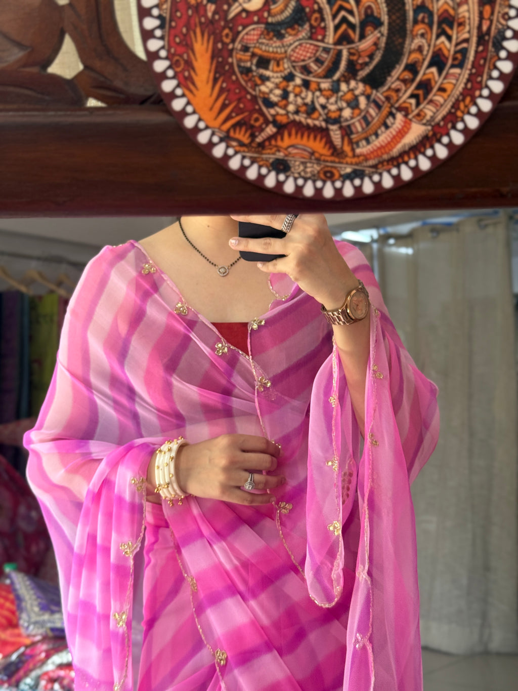 Leheriya |Pure Georgette Digital Printed Saree| Handwork cutdana detailing| Without blouse