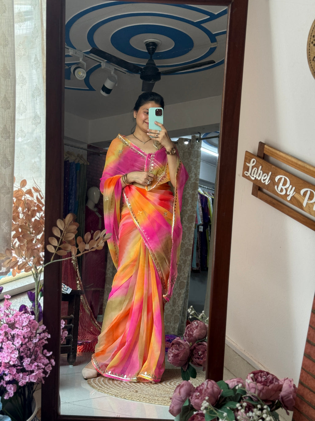 Multi Leheriya Chiffon Leheriya Saree|  Handwork Gota patti work| With blouse