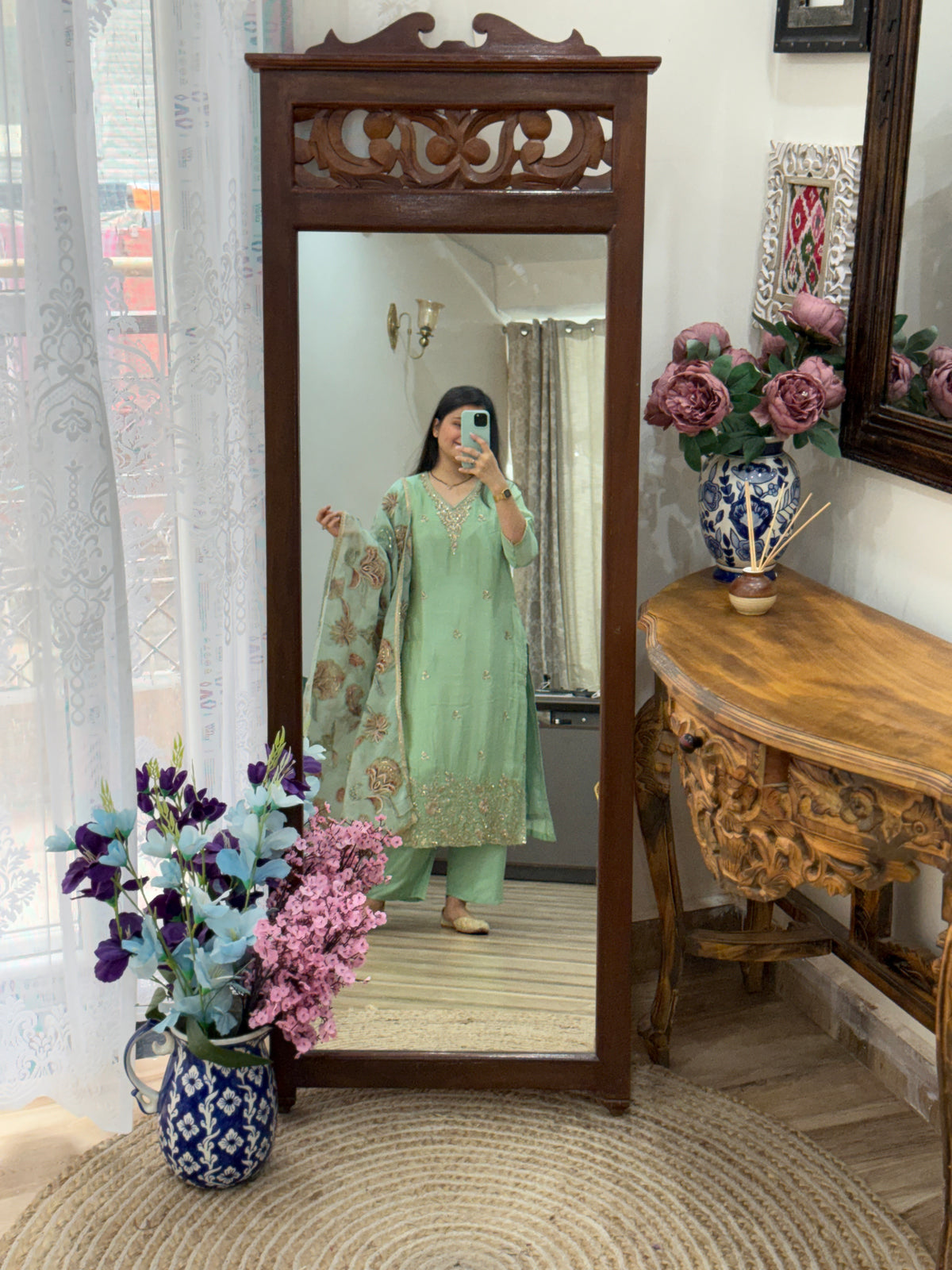 Pista Green Suit set | With cotton lining| Hand Embroidered Kurta| Embroidered Organza Duppata | Crepe