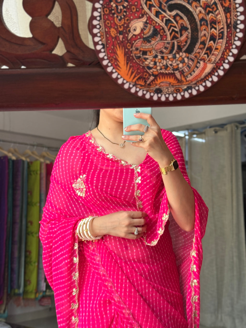 Pink Leheriya | Pure Georgette Handblock Digital Printed Saree| Handwork cutdana buta detailing| With blouse